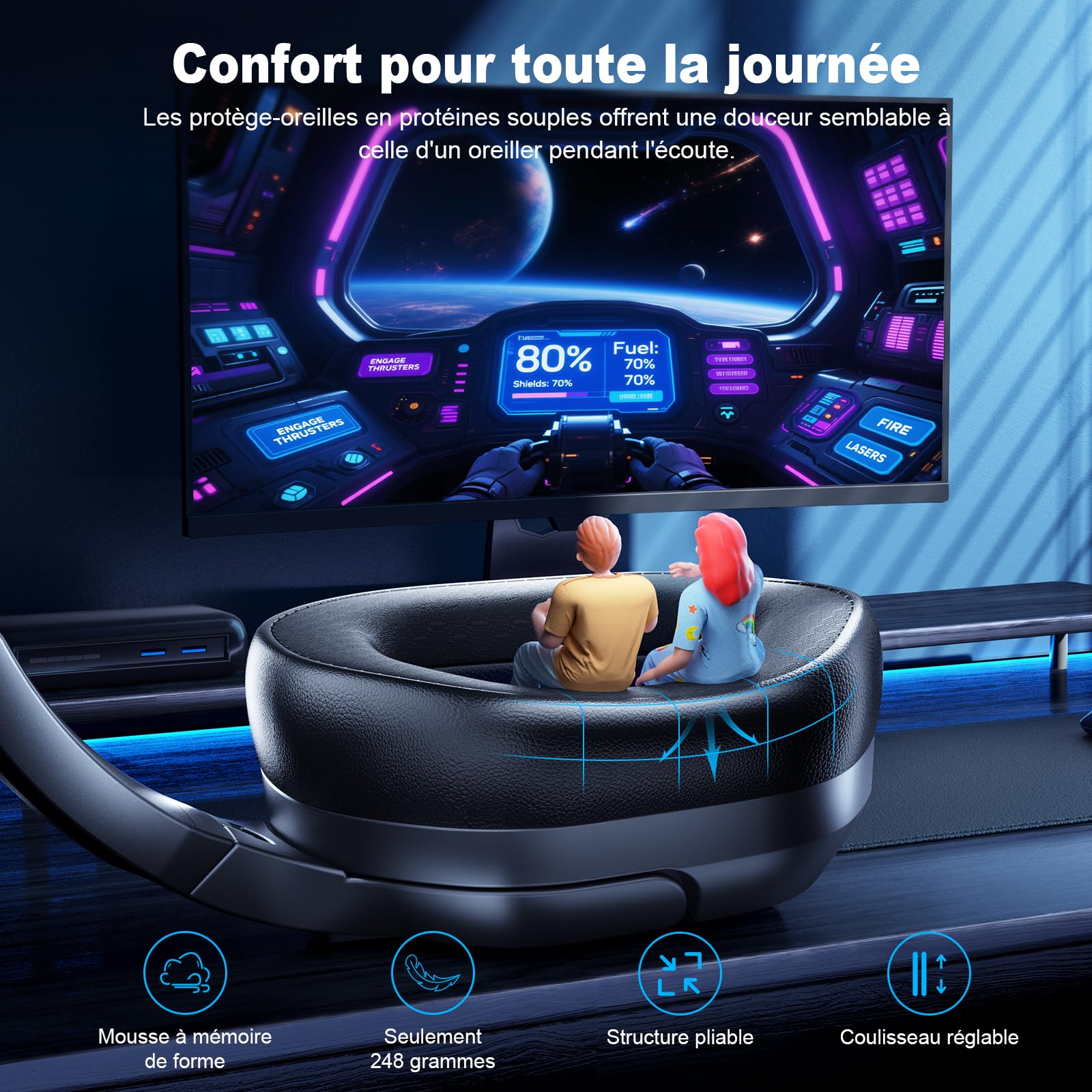 Fachixy FC200 Casque Gaming sans Fil, 2.4GHz Casque Bluetooth sans Fil avec Micro pour PS5, PS4, PC, Switch, Mac, Mobile, Casque Gaming Pliable avec Son Stéréo et Éclairage LED, Batterie de 50h