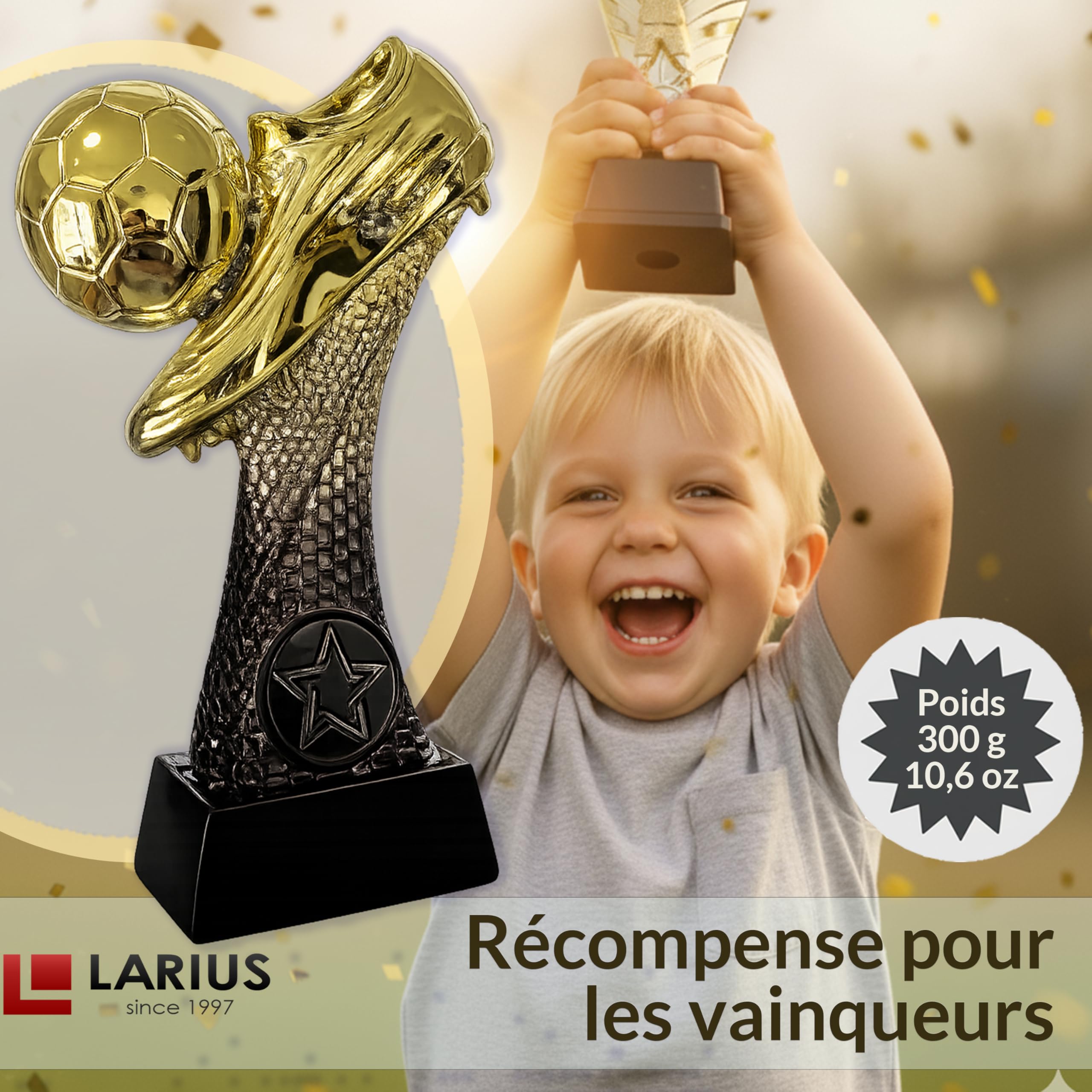 Larius Trophée de football 16 à 21,5 cm (300 à 500 g) - Coupe de vainqueur avec/sans gravure - Coupe de football pour enfants et adultes - Tournoi MVP, récompense - F6
