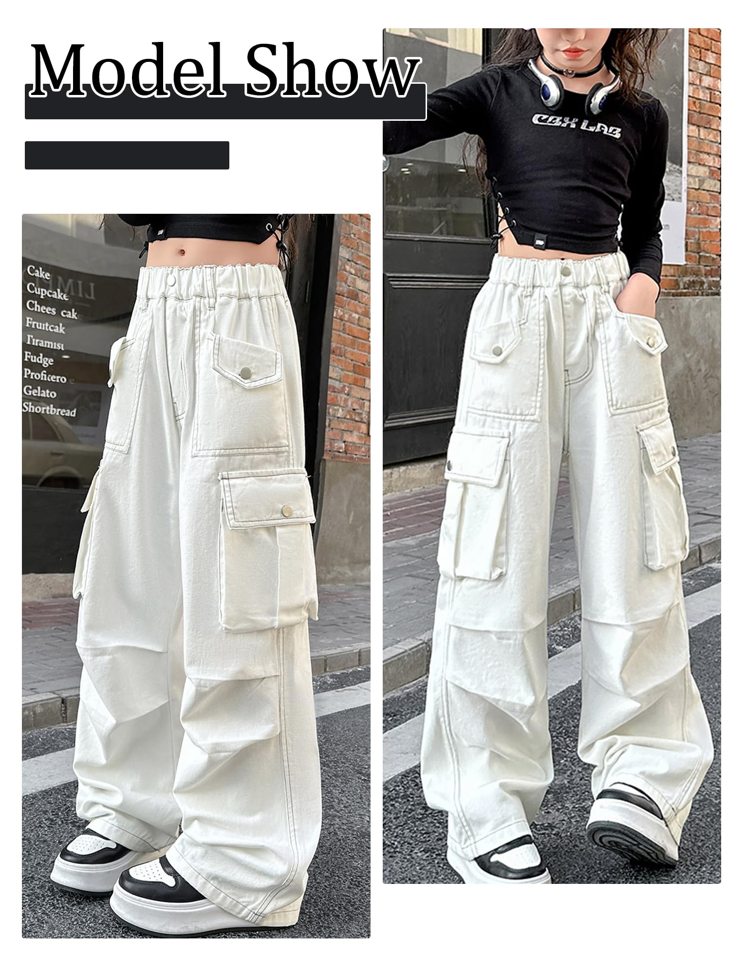 SEAUR Cargo Hose Mädchen Jeans Baggy Y2K Hip Hop Hose Multi Taschen Cargohose Kinder Streetwear Jeanshose mit Gummibund - 120-170=(EU 110-164)