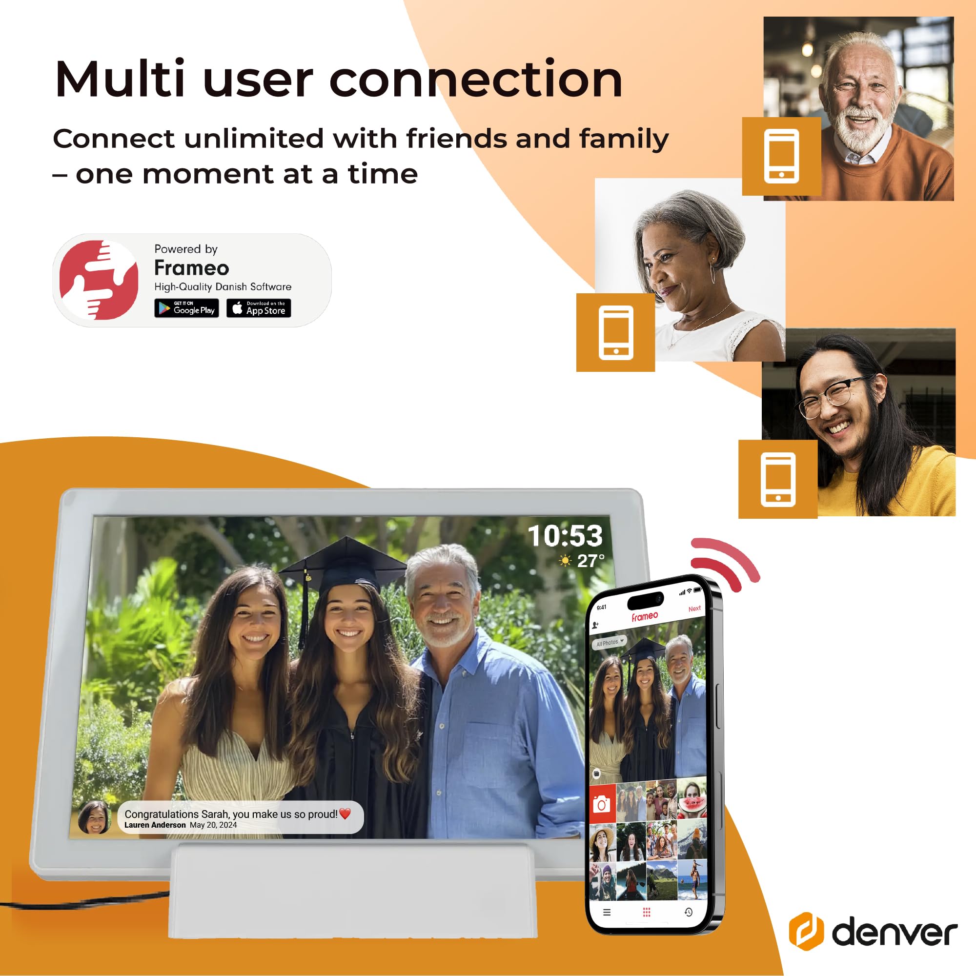 Denver PFF-1070W | cyfrowa ramka na zdjęcia Wi-Fi 10,1" z akumulatorem | ekran dotykowy HD IPS | aplikacja FRAMEO i pamięć 16 GB | biała