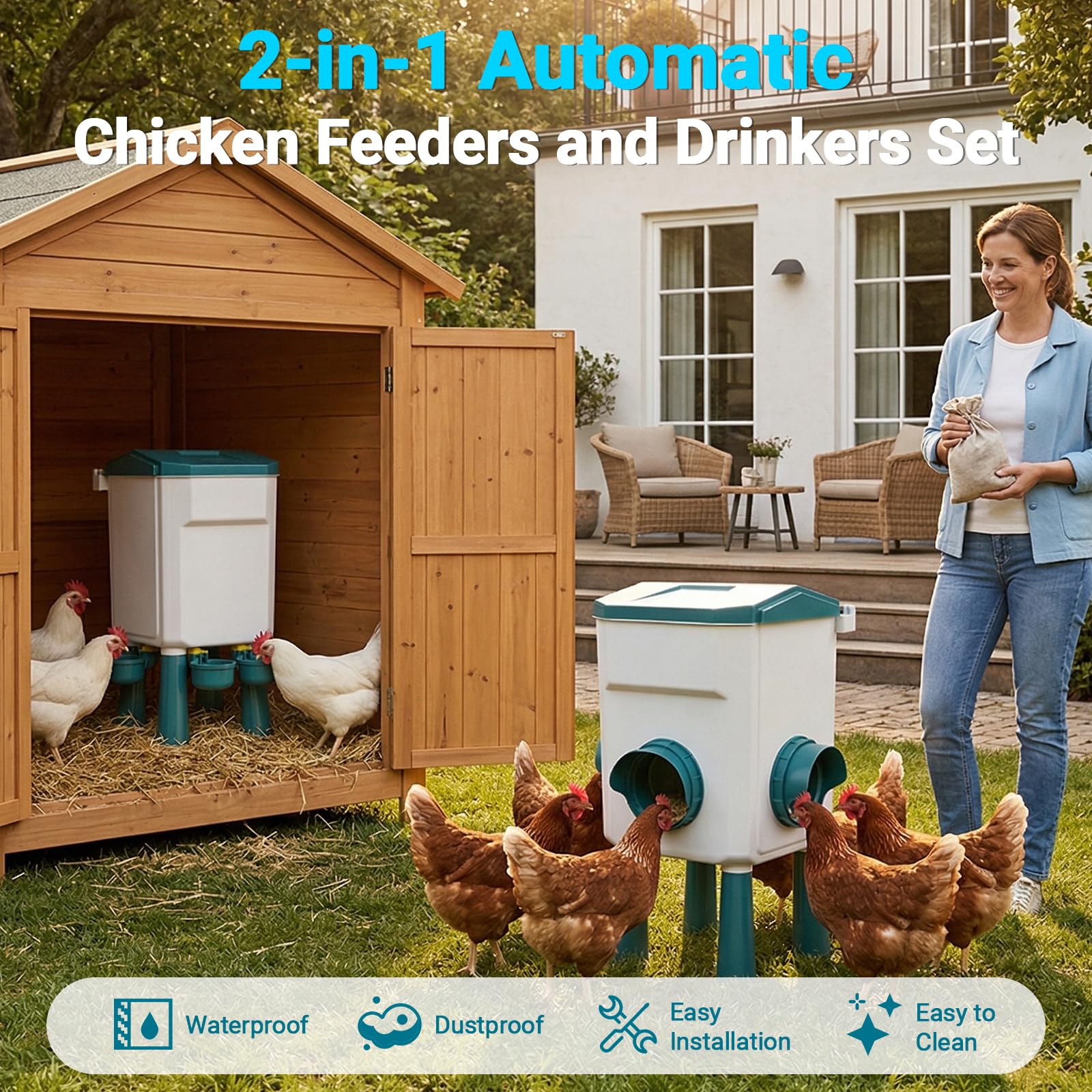 Comedero de pollo de 12 kg y dispensador de agua de pollo de 11 L, comederos y bebedores de pollo con 15 anillos de patas de pollo y ganchos en S, alimentador automático de aves de corral con patas