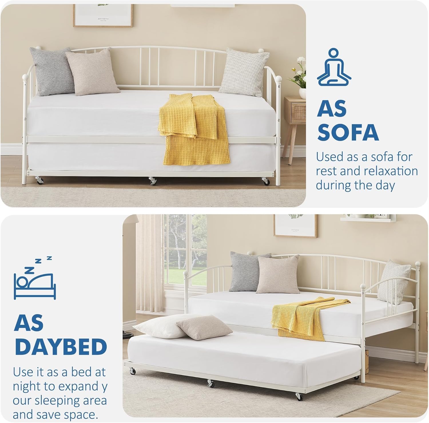 Garvee Twin Metal Daybed with Trundle, Pullout Trundle Bed Frame with Arched Headboard, Guest Sofa Bed with Steel Slat Support, No Box Spring Required, Easy Assembly, White