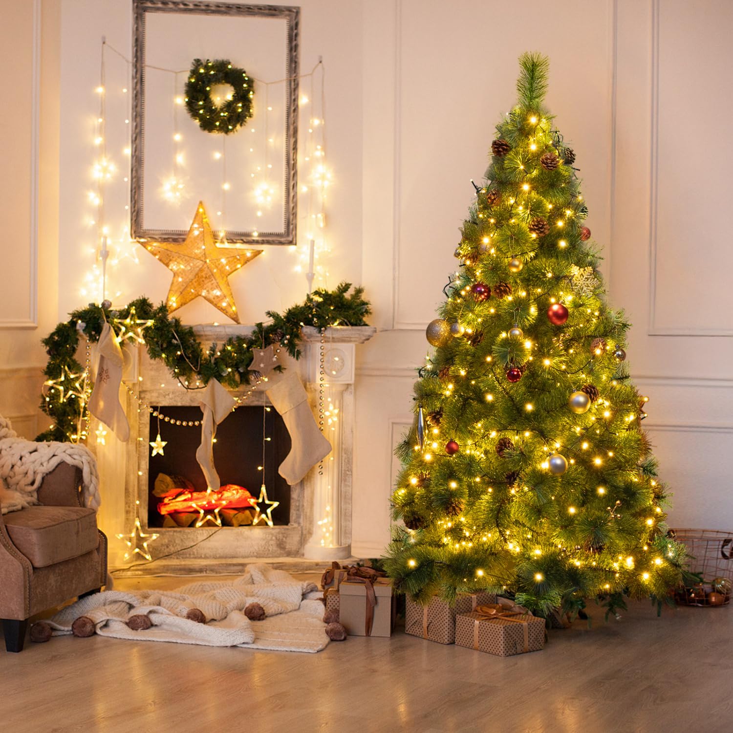 Aigostar 180 CM Árbol de Navidad Artificial,con Cadena de Luces LED de 18 M,300 LED Blanco cálido,8 Modos de Iluminación,Ramas Aguja de Pino con Piñas,Verde,Incluye Soporte de Meta