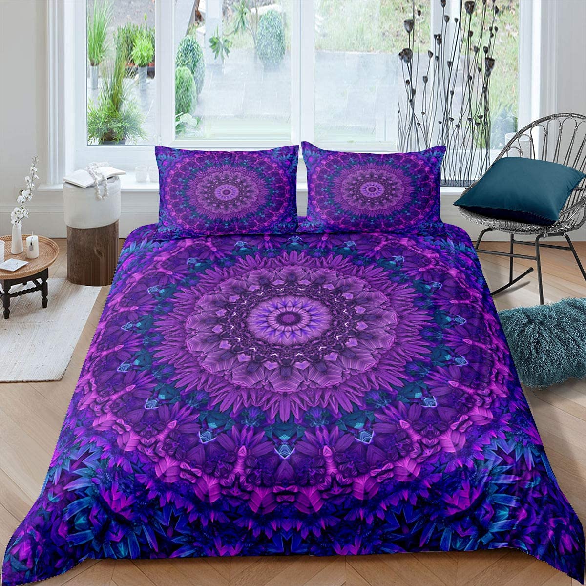Homewish Bohemian Mandala Comforter Cover King Size for Kids Children Tie Dye Spiral Duvet Cover Hippie Hippy Boho Bedding Set Exotic Floral Bedspread Cover, Purple with Corner Ties Door