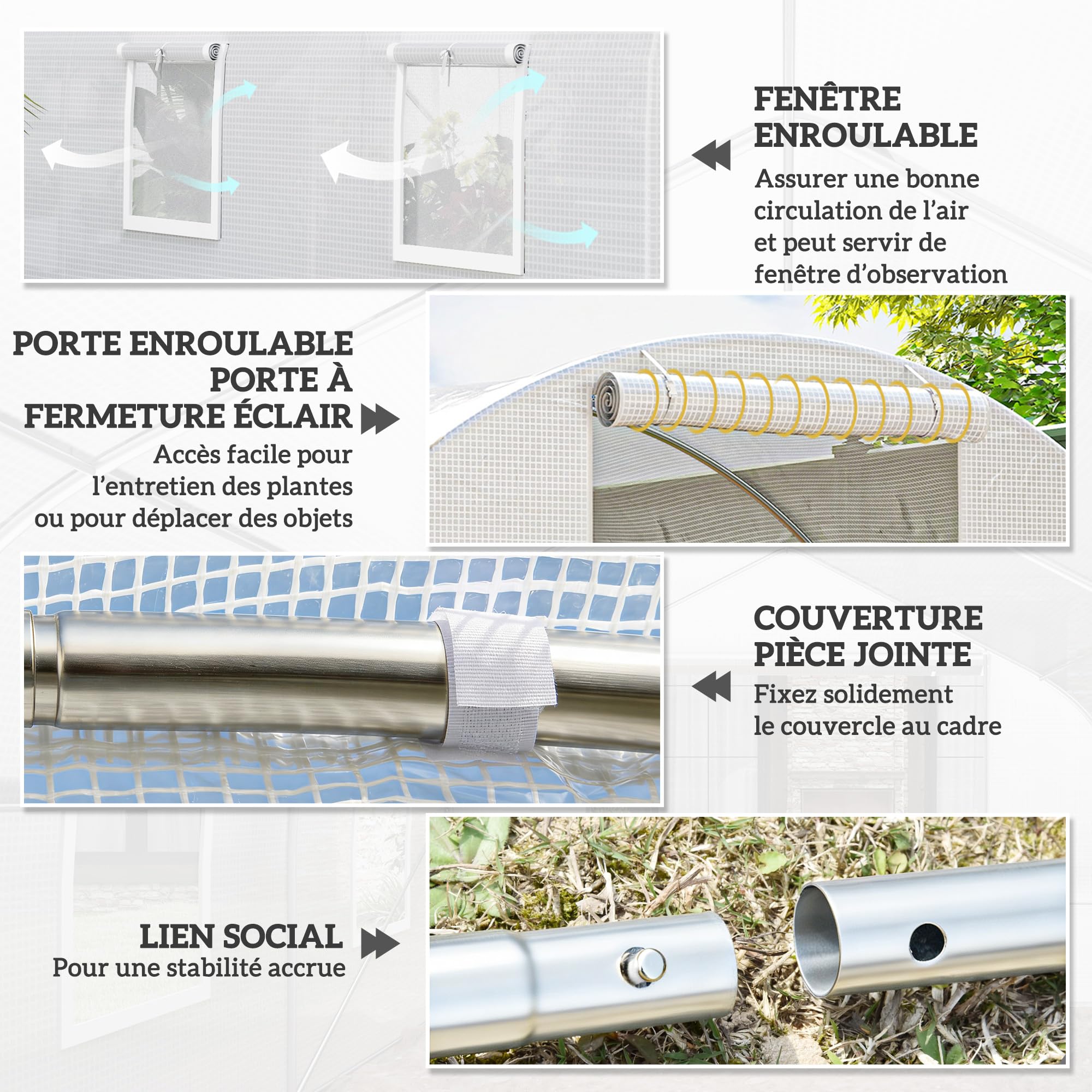 Outsunny Serre de Jardin Tunnel 13,5 m² 4,5L x 3l x 2H m - 6 fenêtres, Porte zippée Enroulable - châssis Tubulaire Acier galvanisé, bâche PE Haute densité Blanc