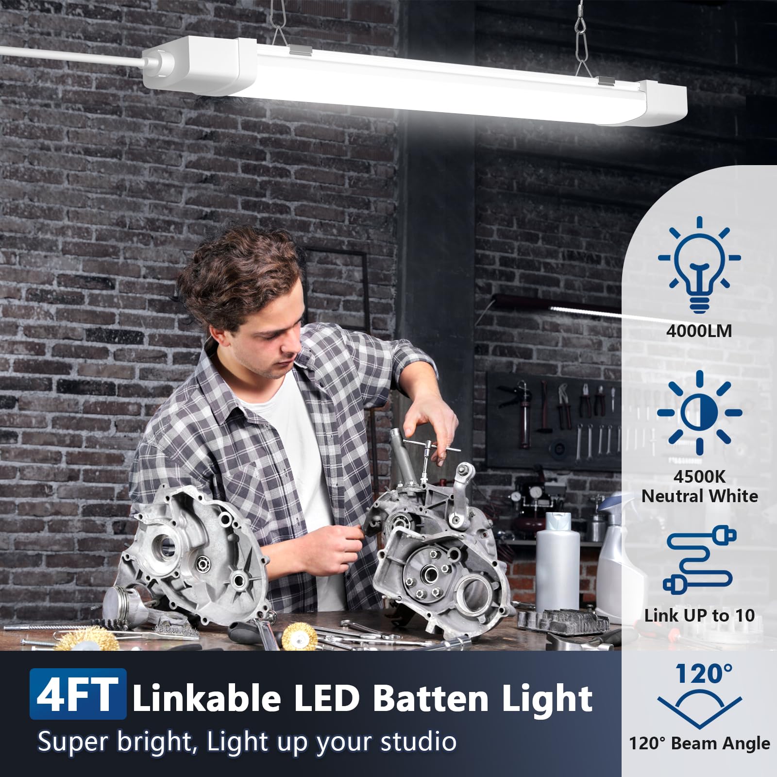 Pantalla LED, Enlazable Fluorescente LED 120 CM 40W 4500K Blanco Neutral, Impermeable IP66 Regleta LEDs Cocina para Garaje, Taller, Oficina, Pared, Cobertizo