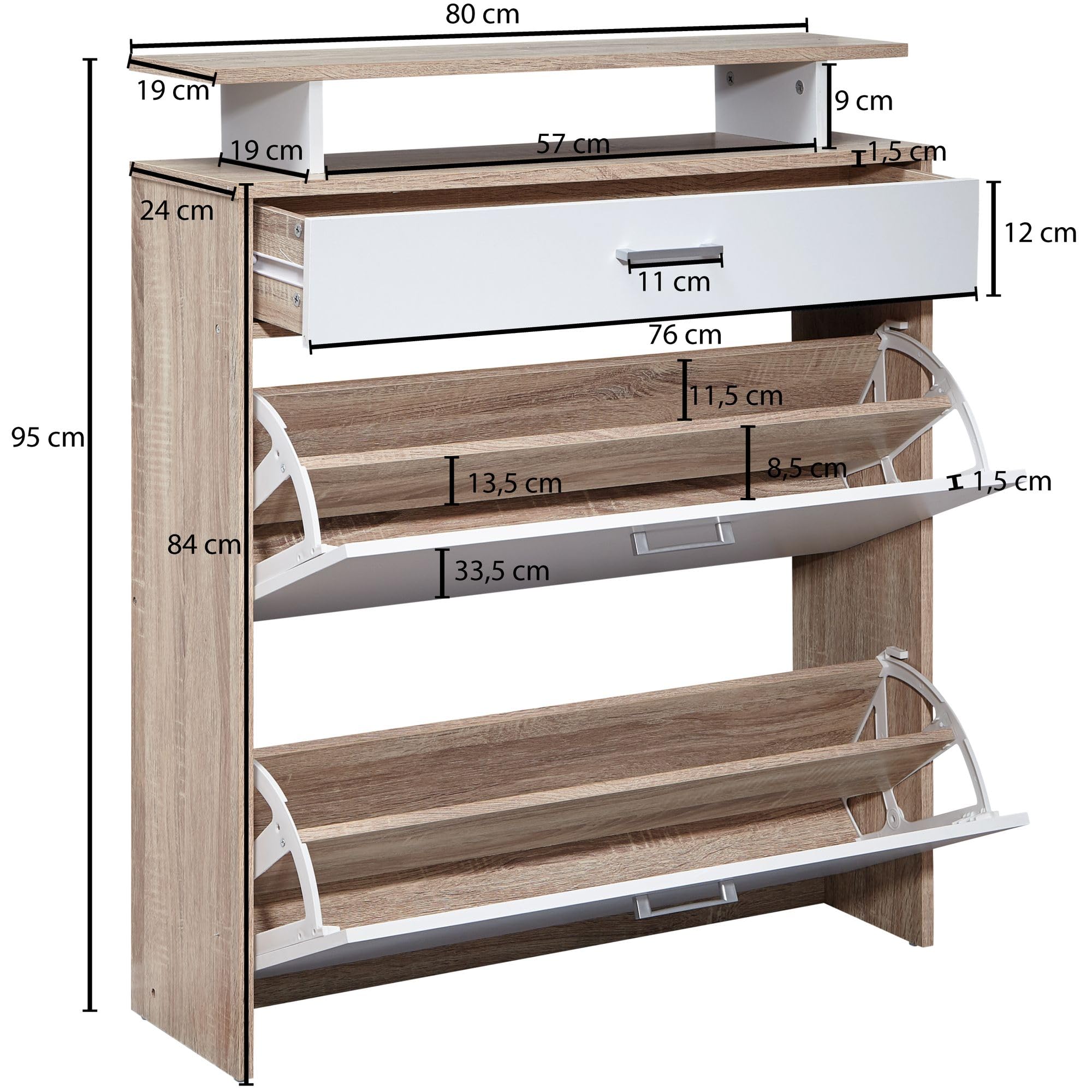 FineBuy Schuhkipper 80x24x95 cm Sonoma Eiche mit Schublade