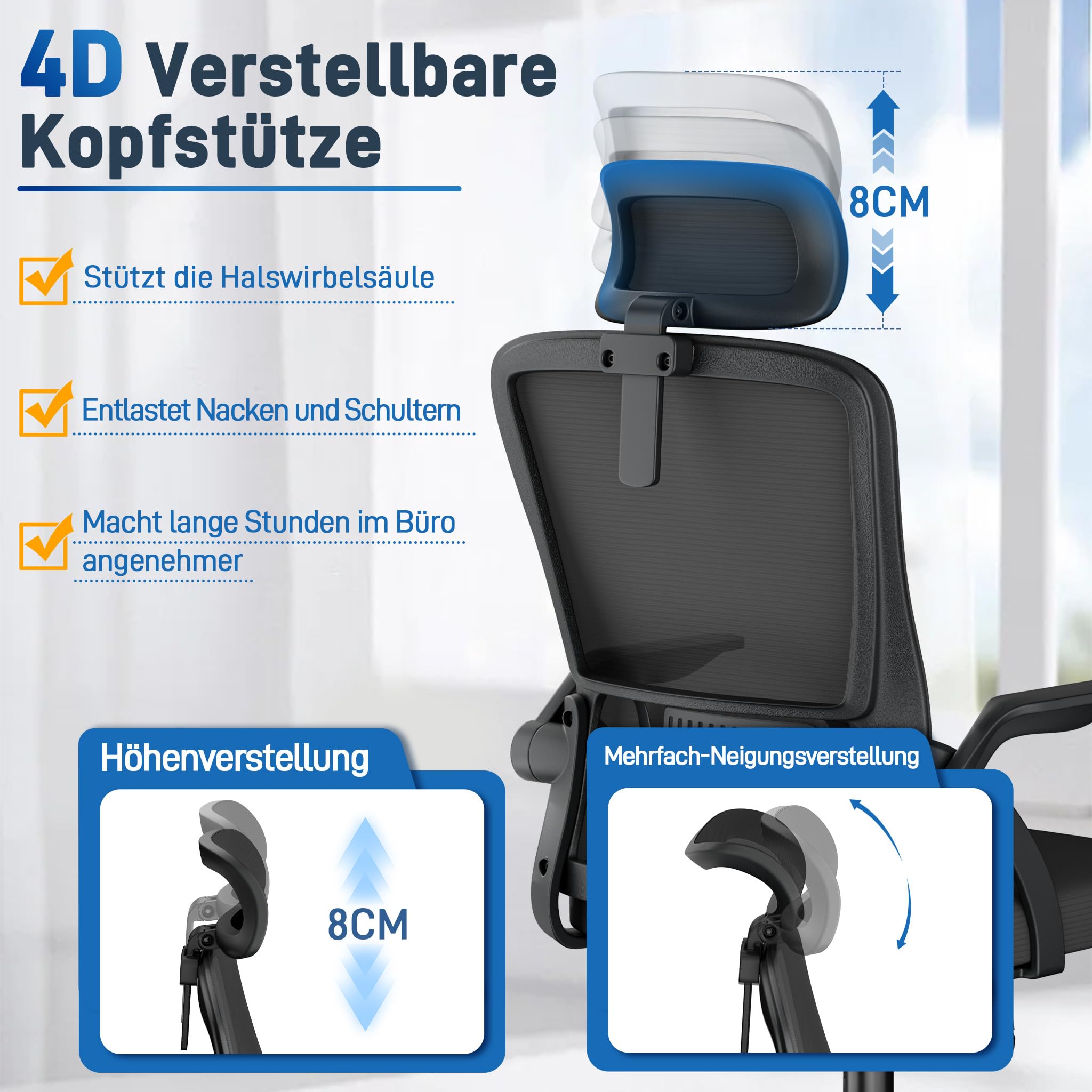 XMTECH Bürostuhl Mesh-Netzrücken klappbare Armlehnen 120kg Homeoffice | Atmungsaktives Mesh, 8 cm Polster, Sitzhöhe 43–51 cm, 105° Wippfunktion, ideal als Schreibtischstuhl, Drehstuhl, Schwarz