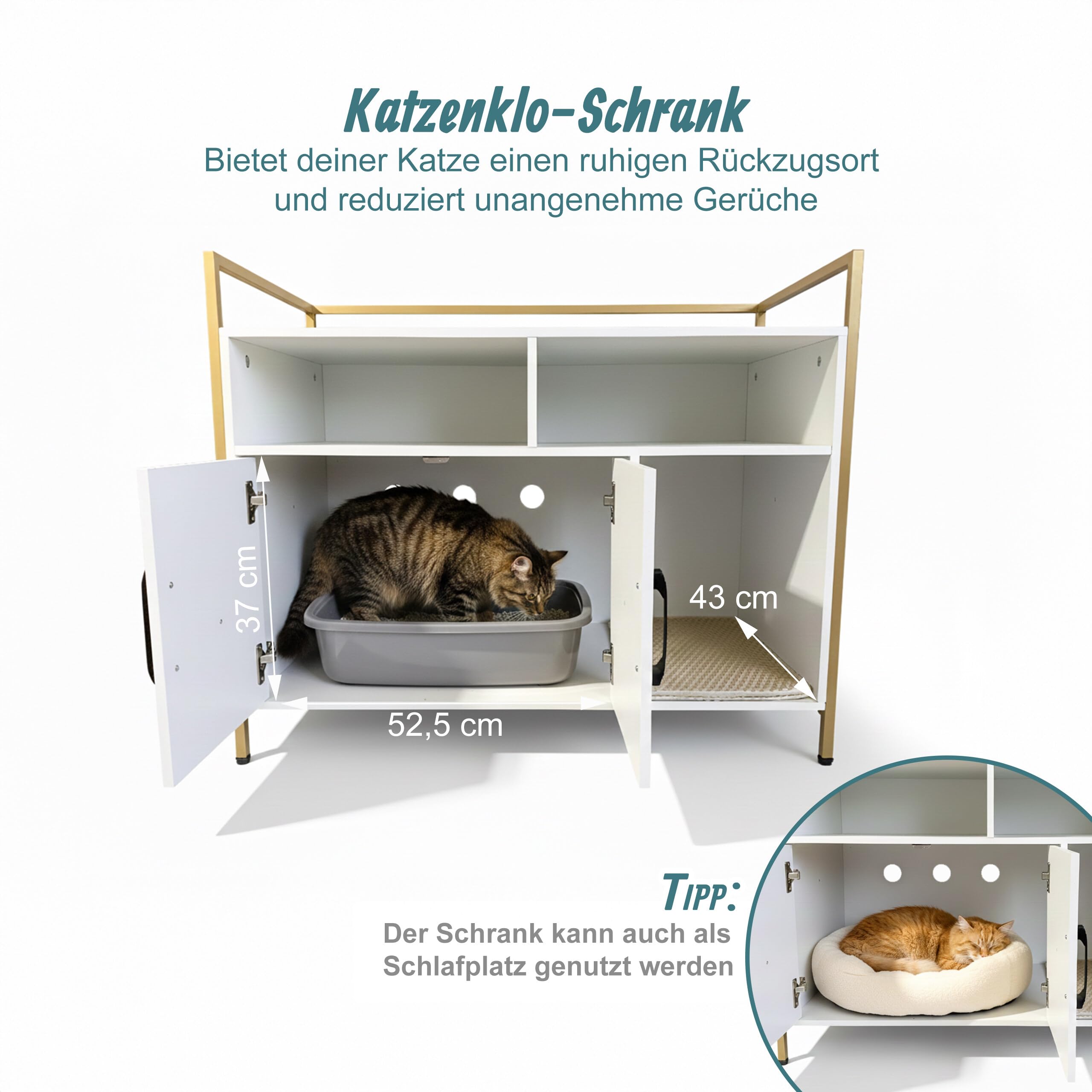 Relaxdays Katzenschrank für Katzentoilette, mit Katzenklomatte, Eingang, Stauraum, HBT 74x90x45cm, Katzenhaus, weiß/Gold