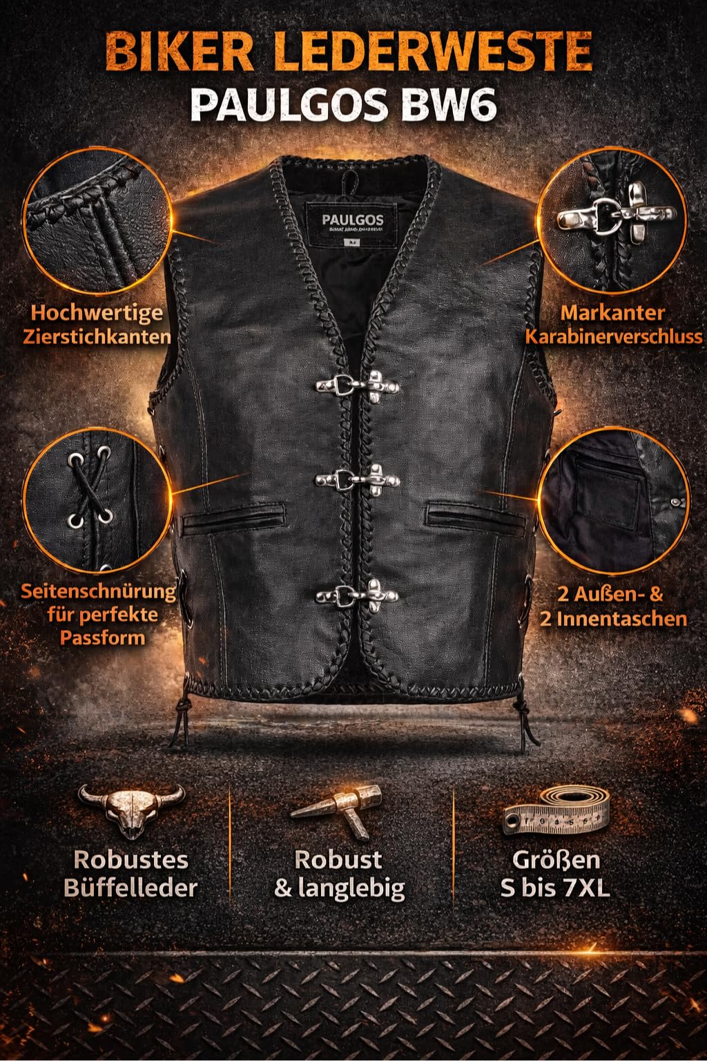 PAULGOS Lederweste Weste Kutte Leder Biker Rocker Motorrad Clubweste Bikerweste Motorradweste Schwarz BW6
