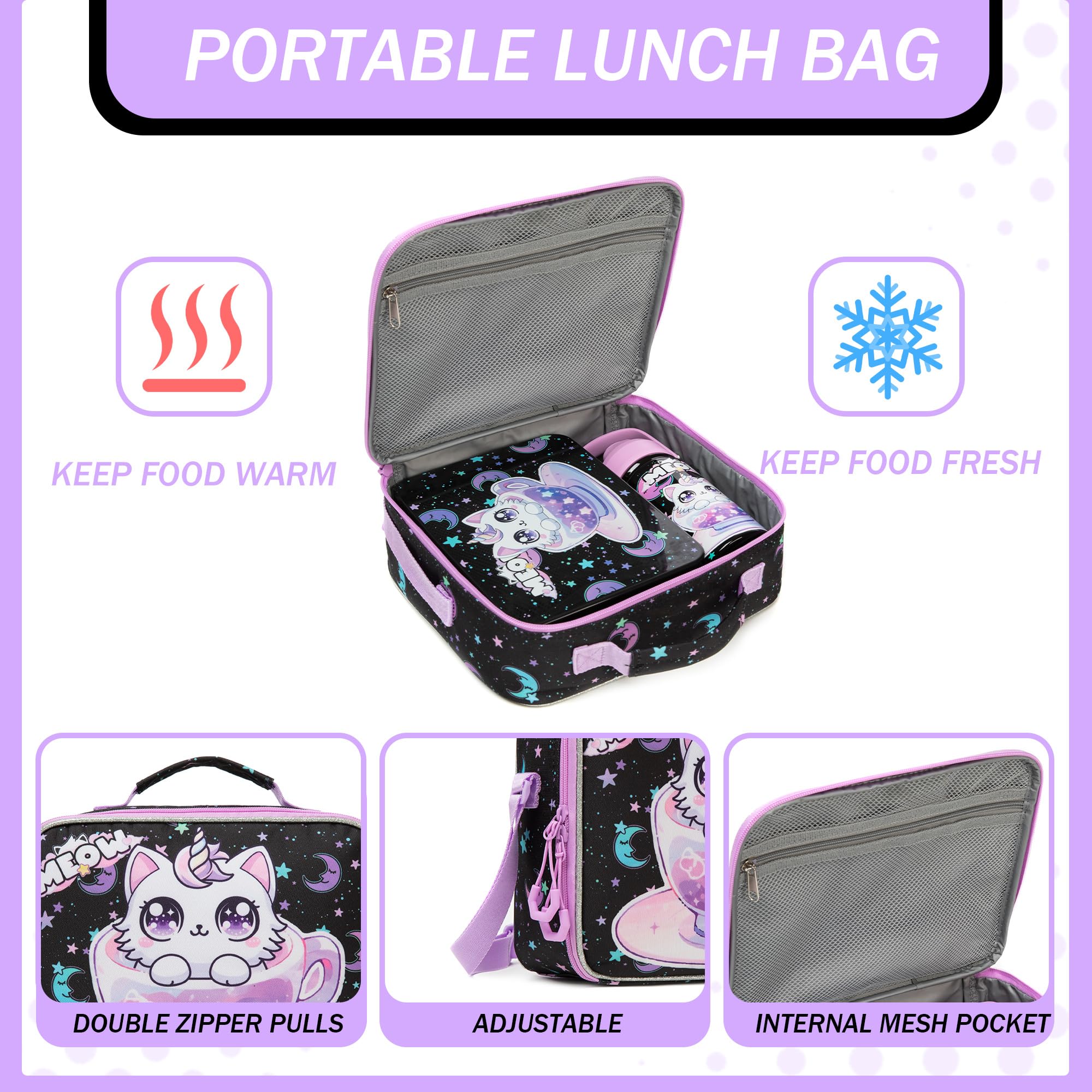 Lonchera para niñas, caja Bento para niños con bolsa de almuerzo, botella de agua de acero inoxidable, juego de bolsa de hielo, regalos de cumpleaños para edades de 3 a 12 años de vuelta a la 3