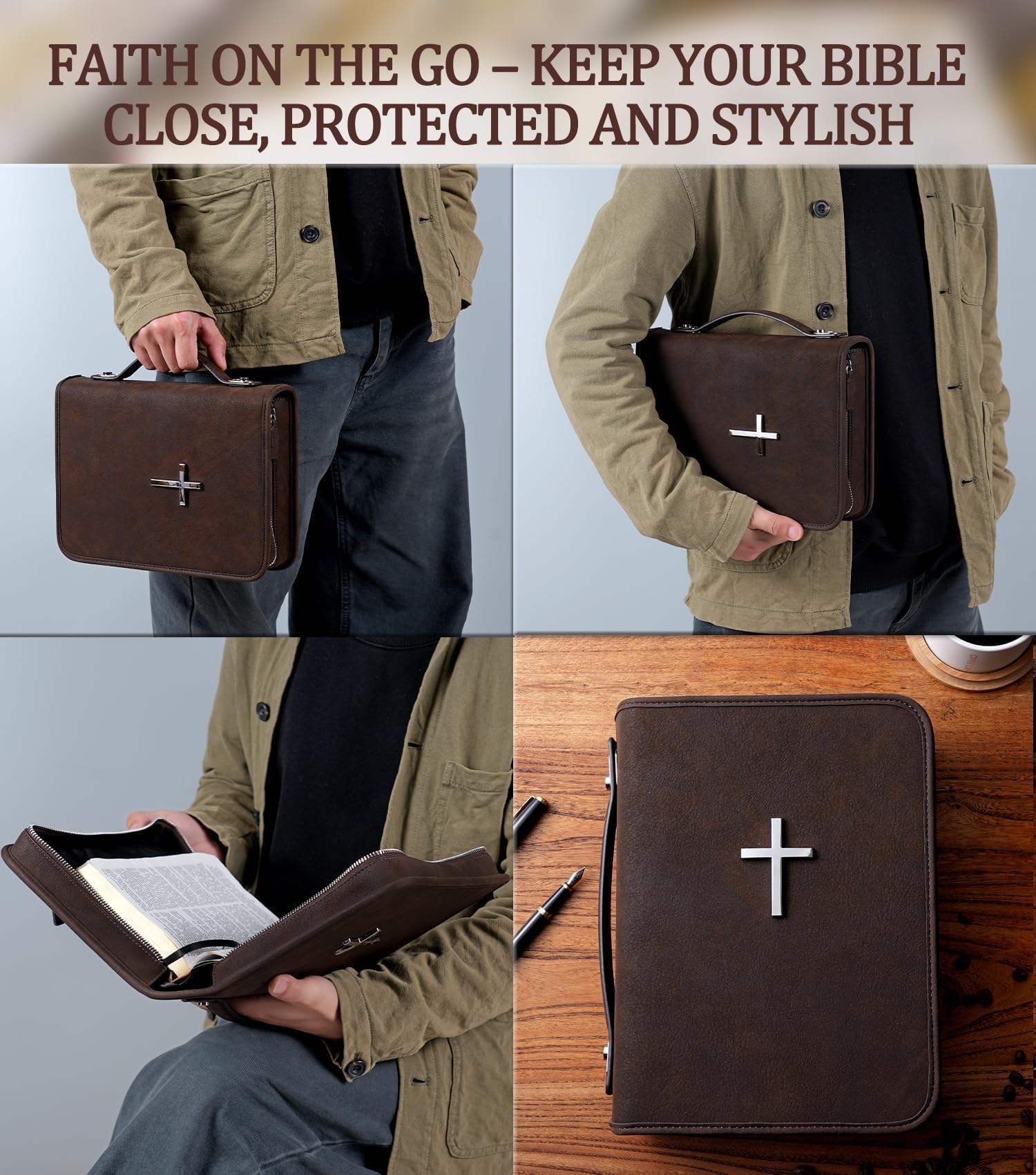 Veganes Leder Bibel Cover Case Bibeltasche mit Handytasche Bibelhülle für Männer Frauen Christliche Geschenkbox Verpackung (Braun)