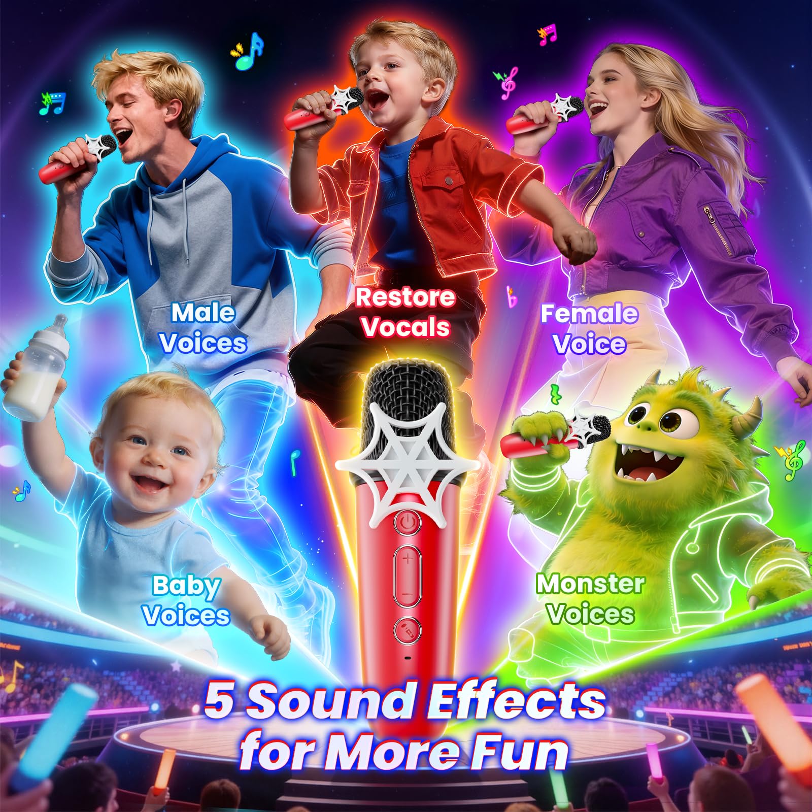 Karaoke per Bambini con 2 Microfoni Luci LED Regalo 3-12 Anni Maschio Giochi Compleanno Festa Natale