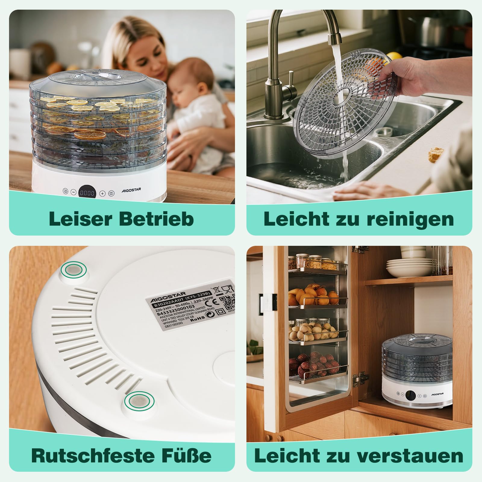 Aigostar Dörrautomat, LED-Anzeige, 5 höhenverstellbaren Tabletts, 48h-Timer, Dörrgerät mit "FAN"-Modus & einstellbarer Temperatur 35-70°C, leiser Betrieb, 380W, BPA-frei, Rezeptbuch inklusive