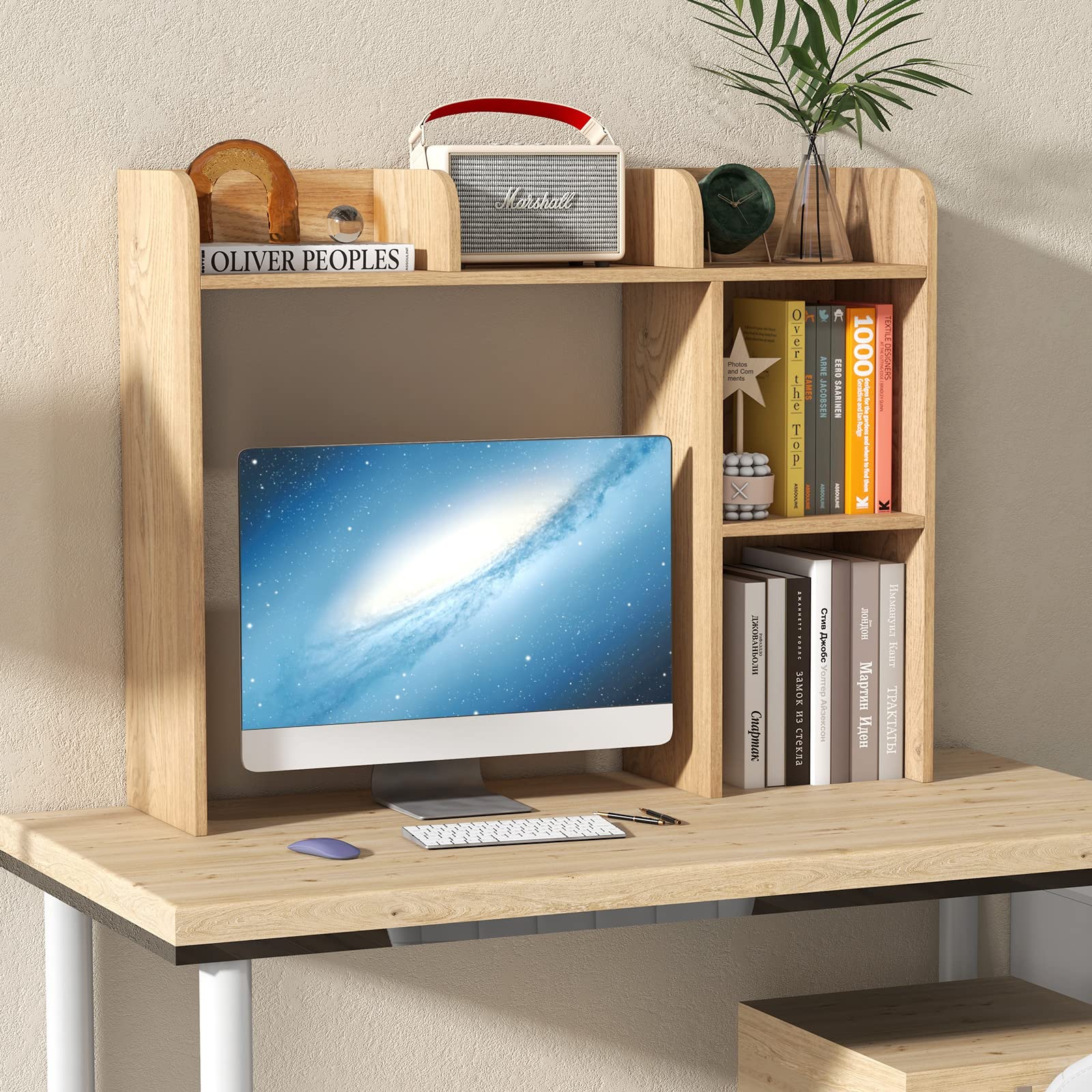 HOMASIS Étagère Bibliothèque de Bureau, Meuble de Rangement avec 4 Etagères et Compartiment Ouvert, en Panneau de Bois avec Dispositif Anti-basculement et Base Antidérapante, 94 x 25 x 74 cm (Brun)