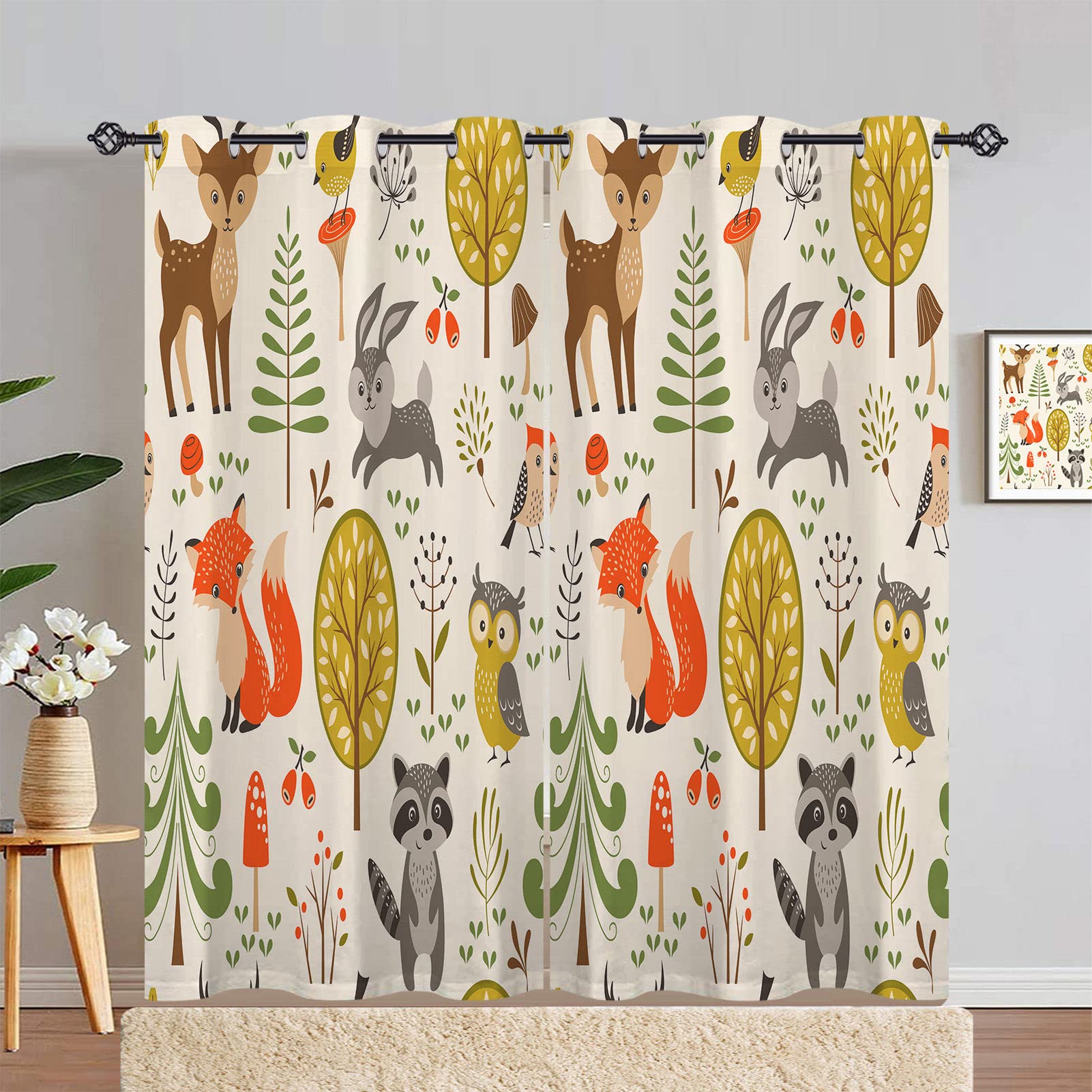 ANHOPE Woodland Animal Curtains Eyelet 80% Blackout Room Darkening Curtains with Fox Rabbit Owl Print Pattern Thermal Insulated Window Drapes for Kids Bedroom Living Room 46 x 72 Inch Drop 2 Panels