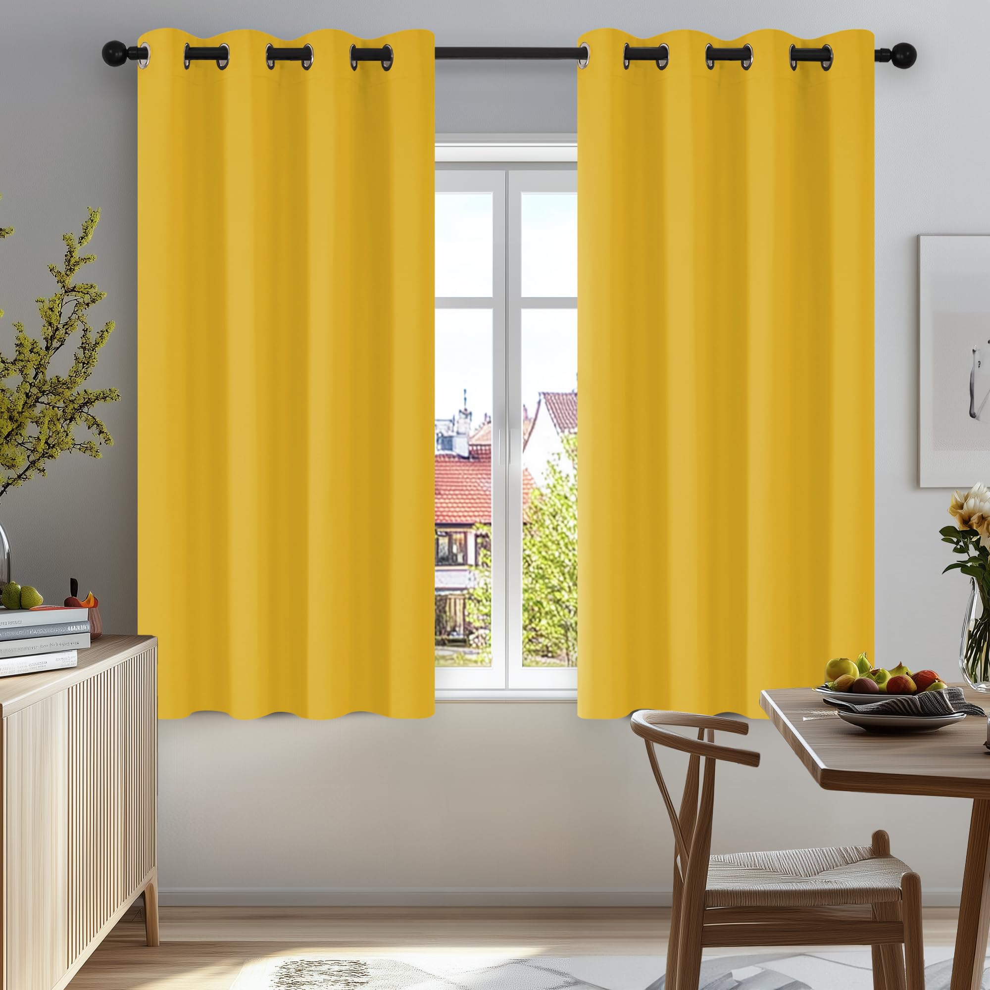 Deconovo Energy Saving Blackout Curtains Eyelet, Thermal Insulated Bedroom Curtains for Windows, 42 x 45 Inch, Mellow Yellow, 2 Panels