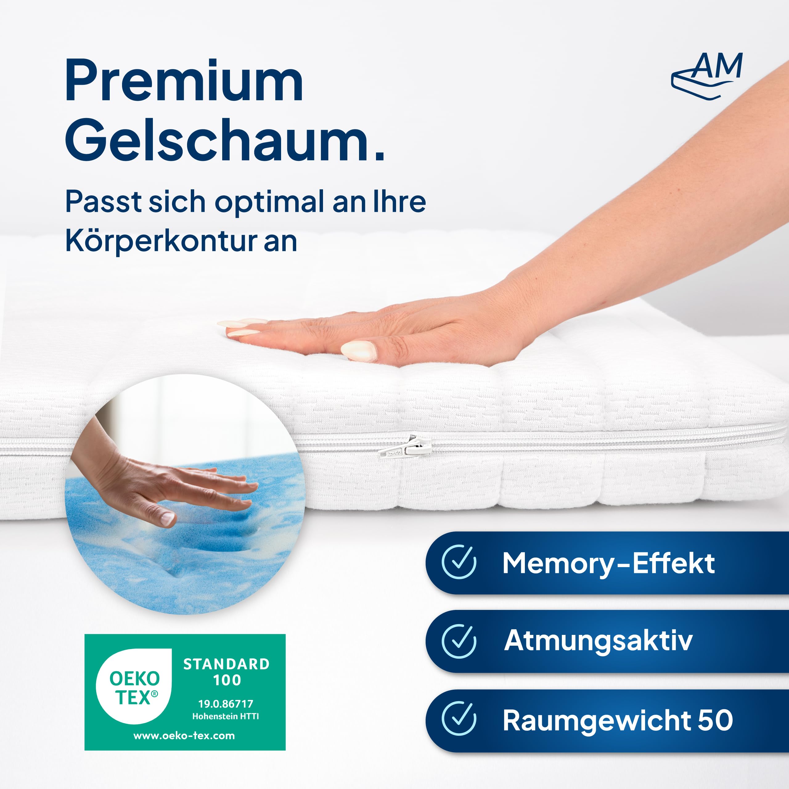 AM Qualitätsmatratzen Sobrecolchon refrescante 90x200 de Gel - Topper Made in Germany - Cubre colchon refrescante Anti sudoración con Funda Lavable - Topper 90x200 cm Transpirable