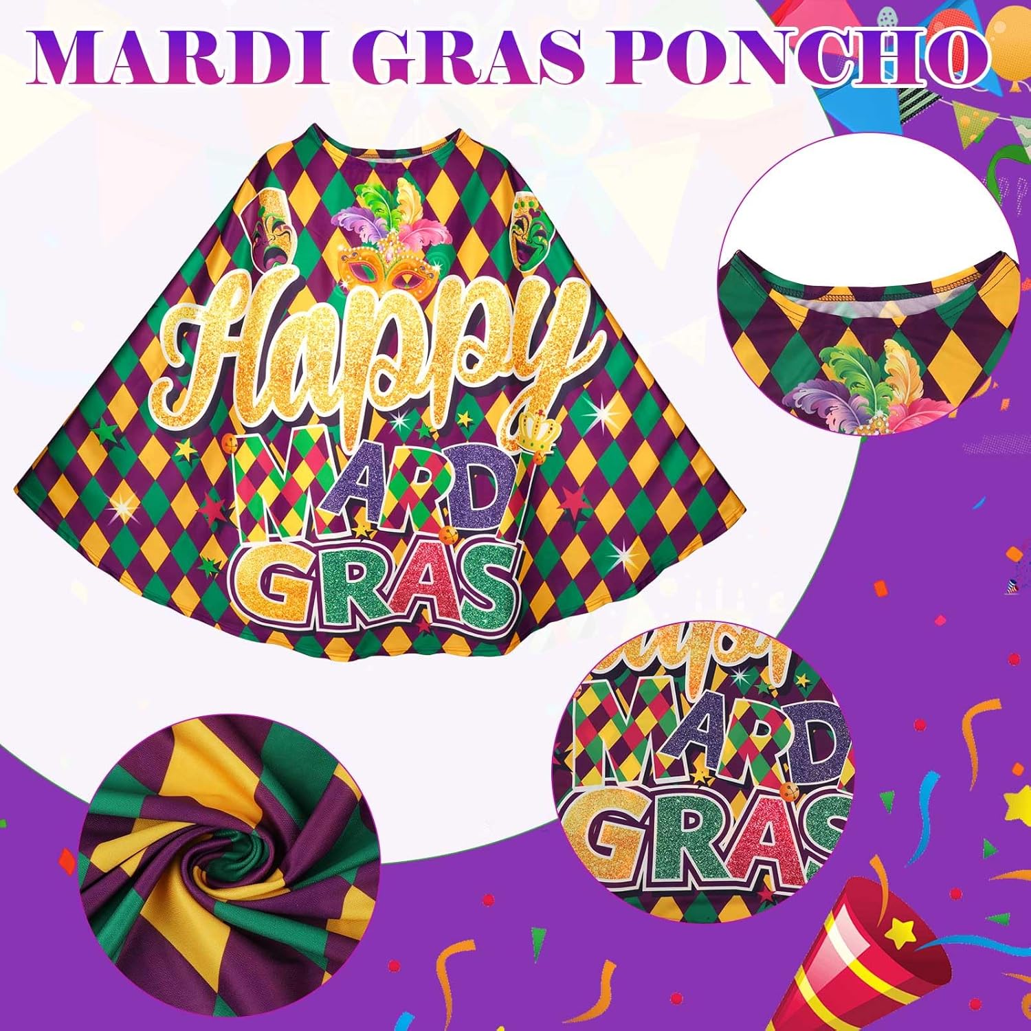4pcs Carnival Costumes for Women, Happy Fat Tuesday Poncho Mask Beads Necklace Earrings for Carnival Party Parade - Image 3