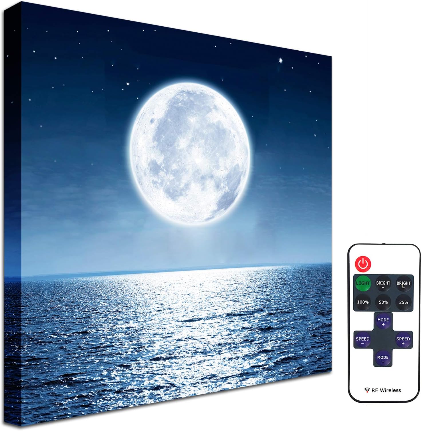 Moon Painting Led Wall Decor - Illuminated Lighted Wall Art Blue Ocean Sea Picture Star Cloud Canvas Print Poster Space Themed Bedroom Kitchen Bathroom Girls Boys Room Decorations 11.6x11.6inch Framed
