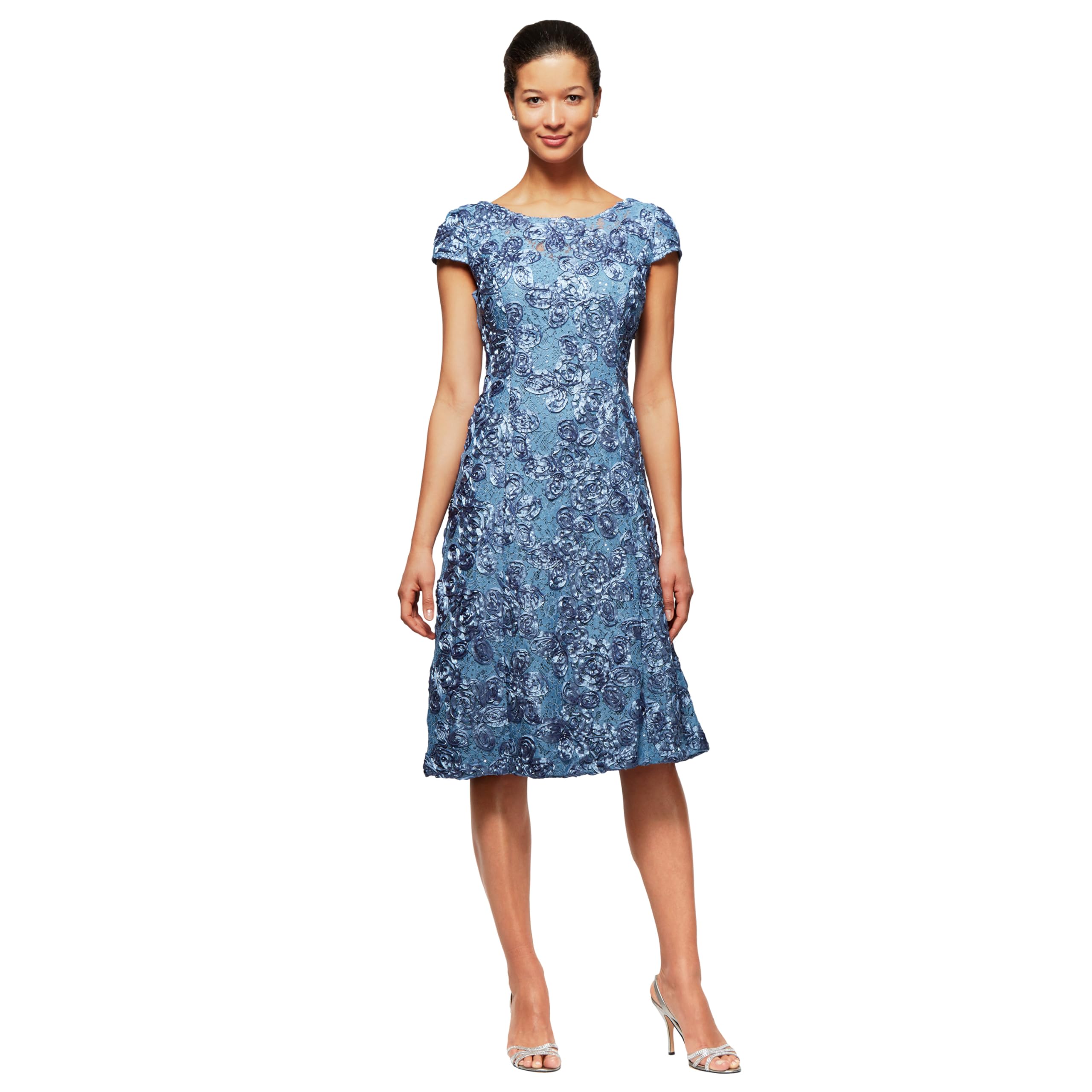 Alex Evenings Women's Tea Length Mother of The Bride Dress with Rosette Lace Detail Regular Sizes Special Occasion, Perwinkle Petite, 10