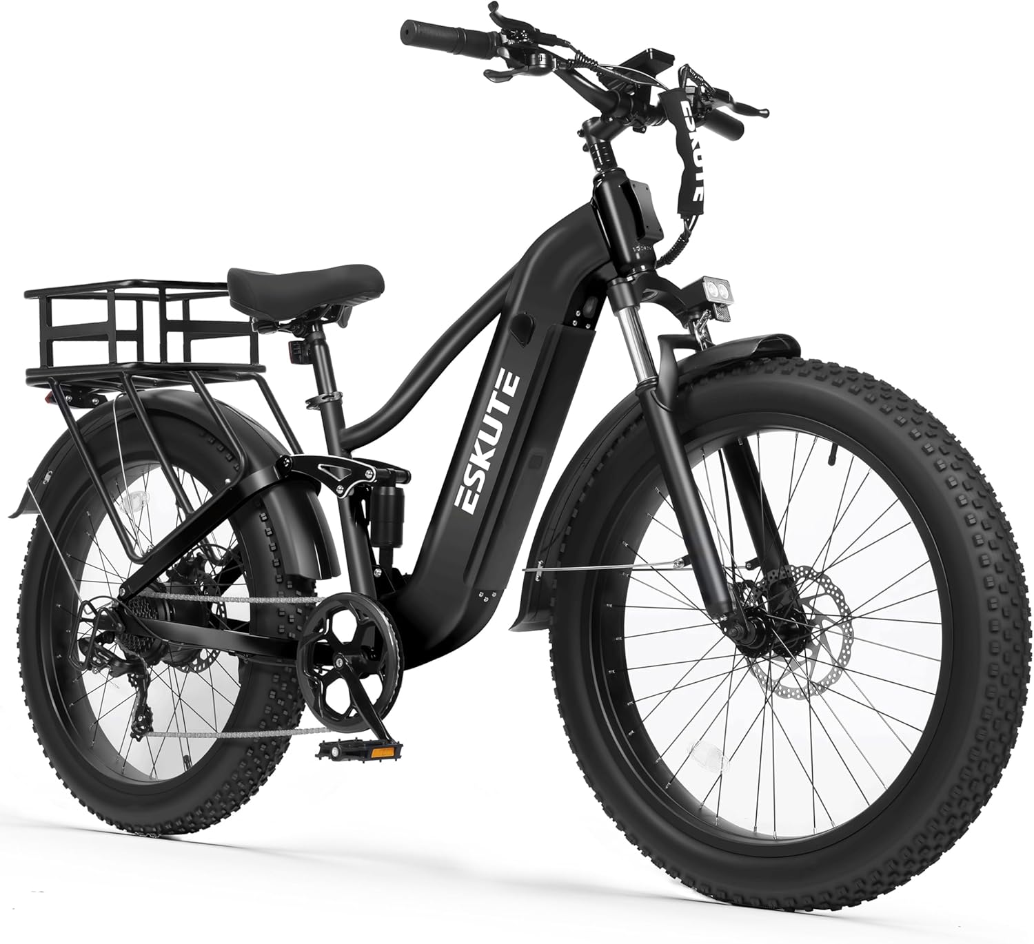 ESKUTE Electric Bike for Adults - 48V20.8Ah Battery Ebike up to 80 Miles, Peak 1500W Brushless Motor, 32MPH, 26x4.0 Fat Tire Step-Over Mountain Ebike, 8-Speed, Full Suspensions E-Bike