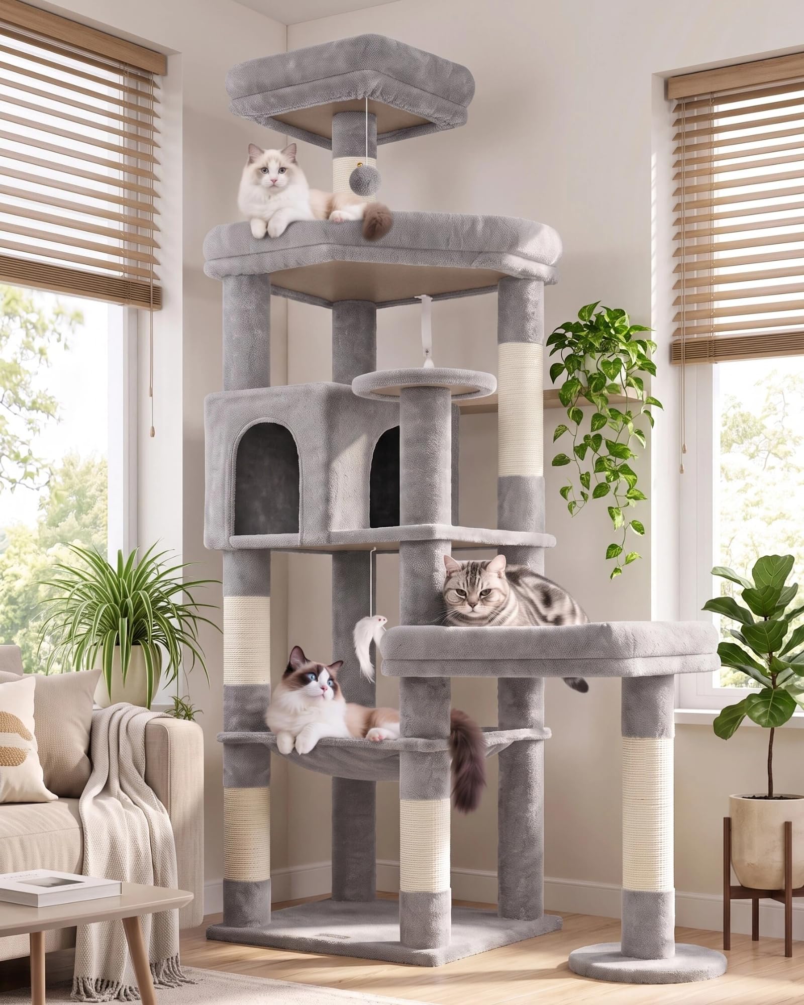 Globlazer 65in Sturdy Cat Tree Tower for Indoor Large Cat, S65, Light Grey