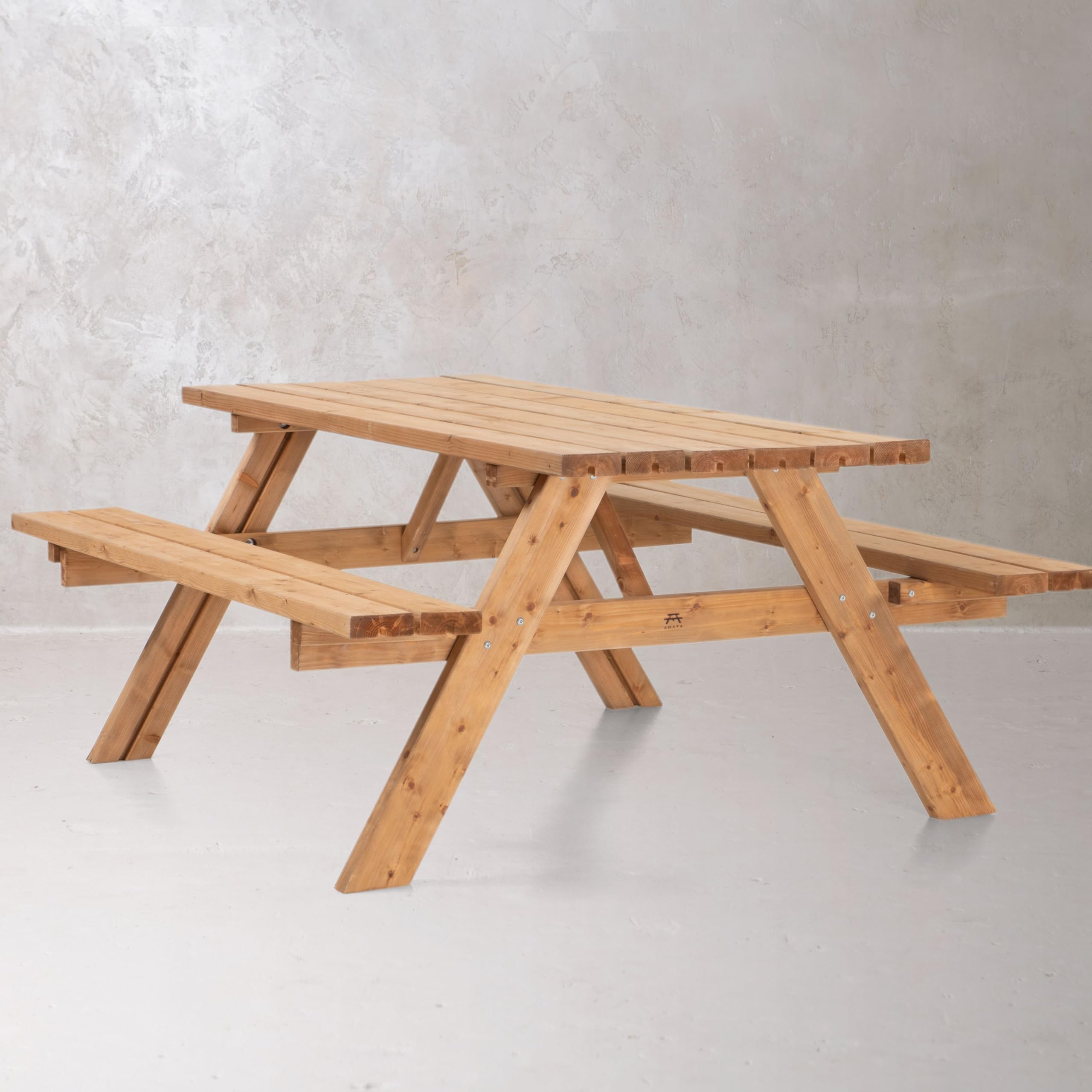AMATA Mesa de picnic de diseño clásico con asientos plegables, colección UNGURS, mesa de picnic de madera resistente a la intemperie para exteriores, perfecta para jardín y patio (avellana oxidada)