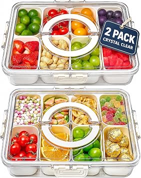 Mfacoy Snackle Box Container, 2 Pack Divided Serving Tray with Lid and Handle, Snack Box Charcuterie Container for Portable Snack Platters, Clear Organizer for Candy, Fruits, Travel, Party, Picnic