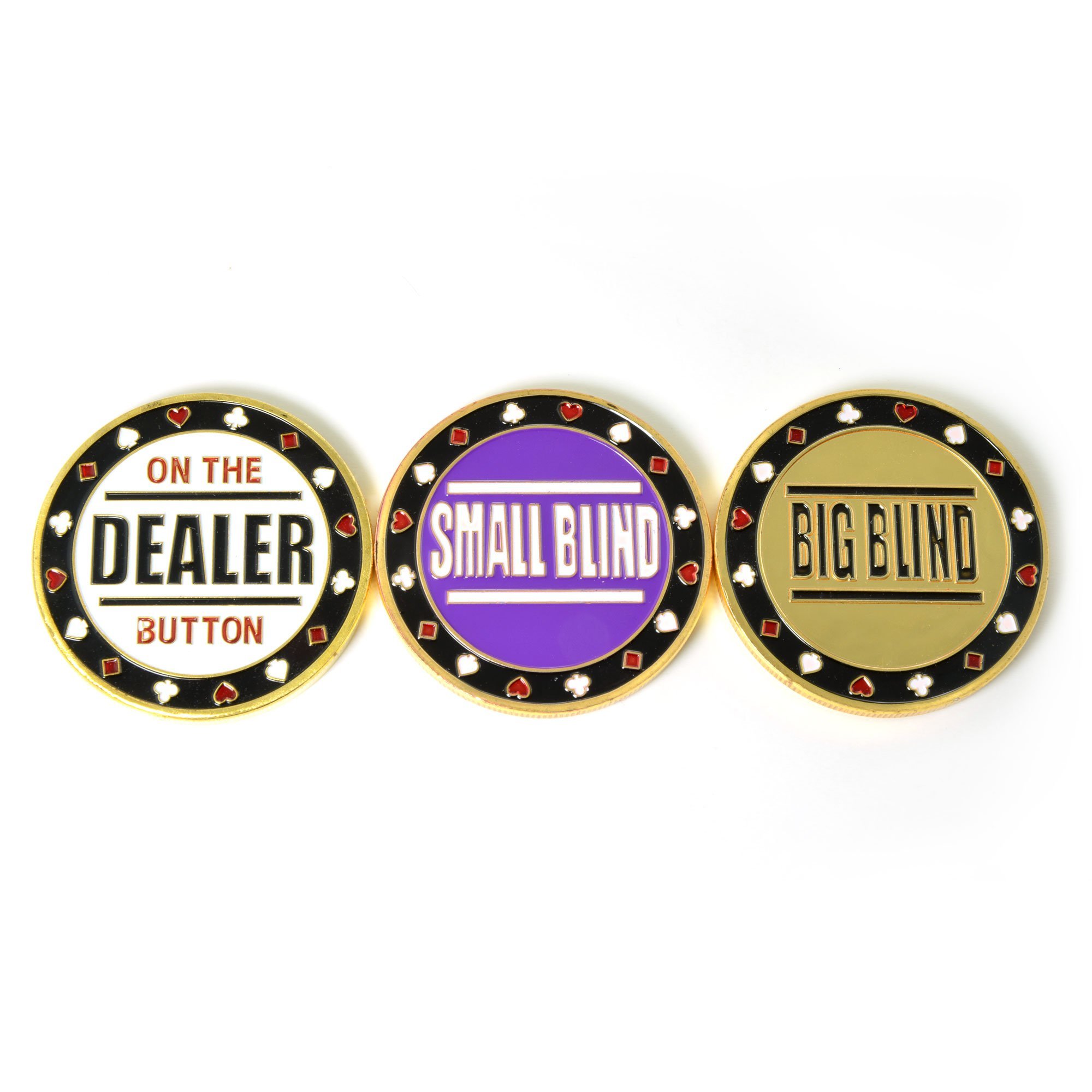 Ganzoo zestaw Dealer Button Small Blind Big Blind w etui, 3 masywne metalowe monety pokerowe, ryflowane krawędzie antypoślizgowe, trójwymiarowe tłoczenia po obu stronach, Ø40 mm, grubość 3,1 mm