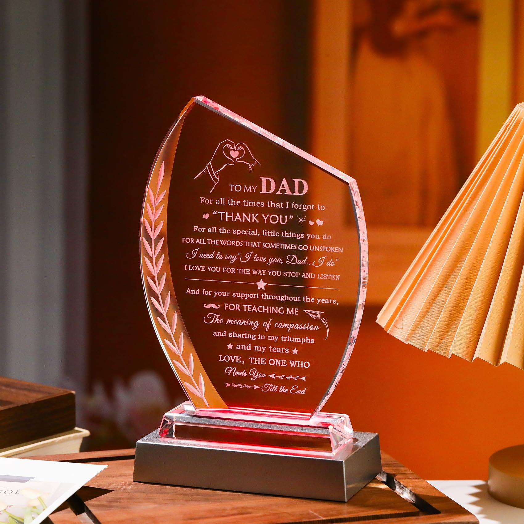 Movdyka - Targa in vetro per la festa del papà, regalo di compleanno per papà da figlia e figlio, unica con base a LED colorata, regalo significativo per Natale, Ringraziamento, San Valentino