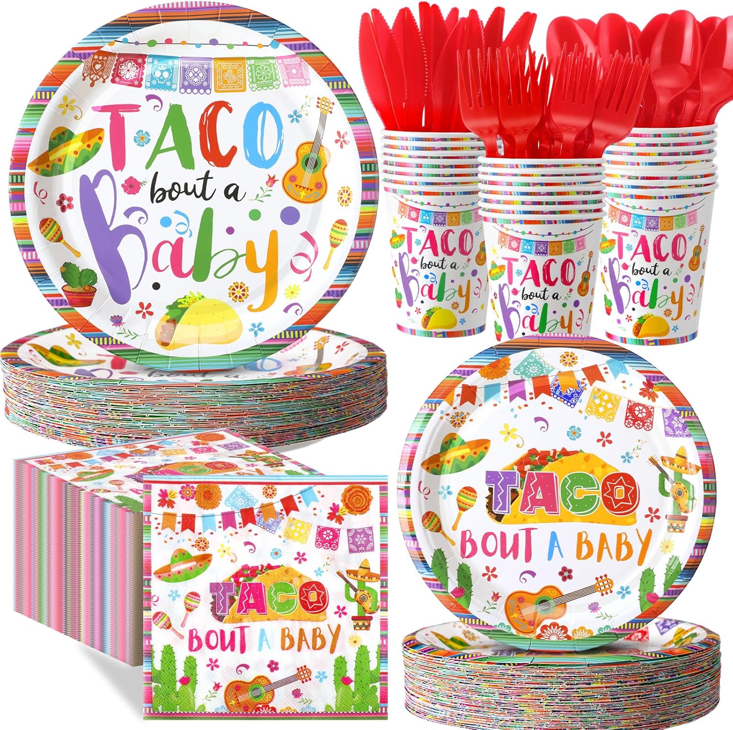 Pickmesh 400 Pcs Taco Bout a Baby Decoration, Mexican Birthday Party Supplies with Taco Plates Napkins Cups and Cutlery, Fiesta Baby Shower Birthday Party Favors for 50 Guests