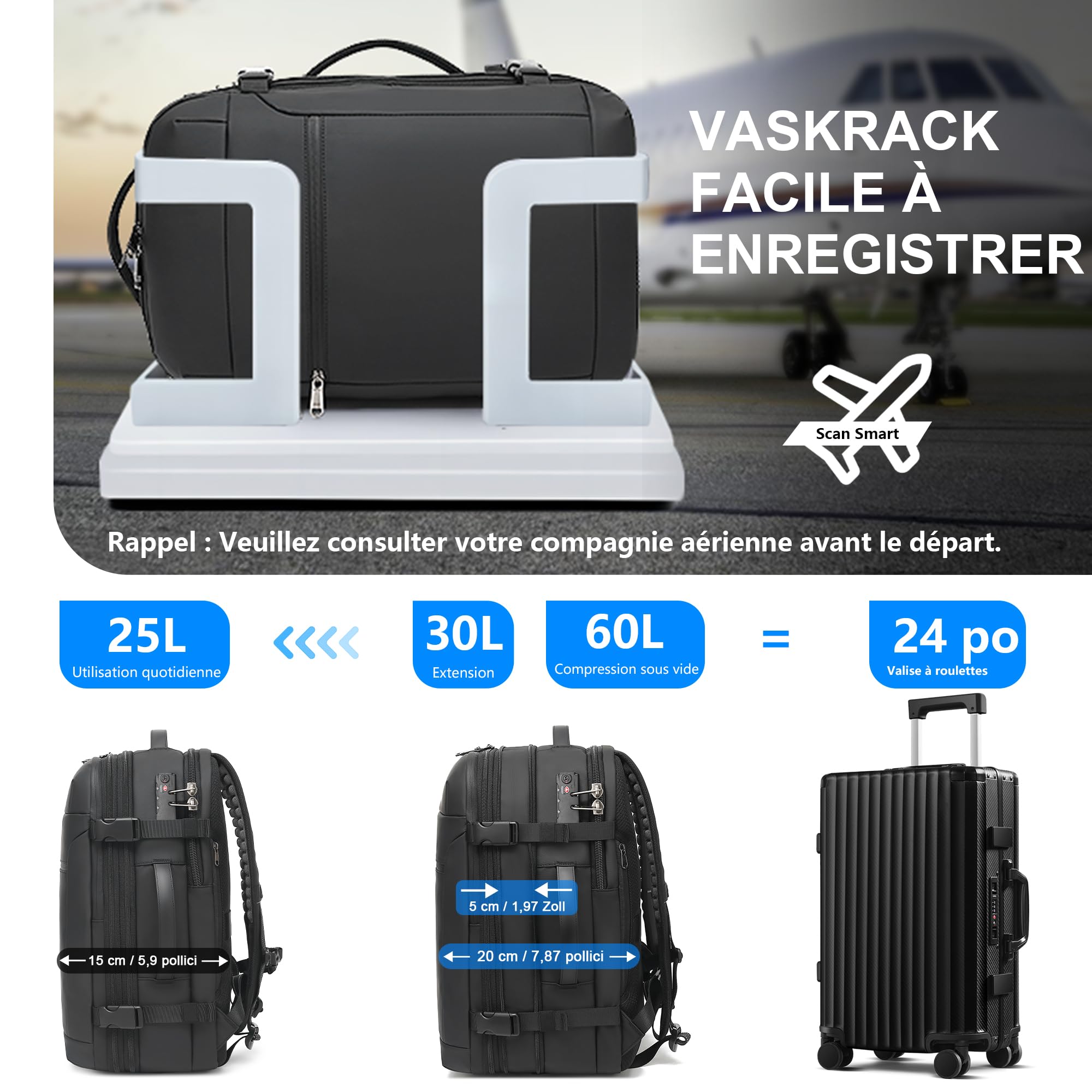Zaino sottovuoto, zaino da viaggio espandibile da 60 litri con pompa a vuoto, per Ryanair, zaino da viaggio grande, zaino per laptop da 17,3 pollici, zaino per voli approvati