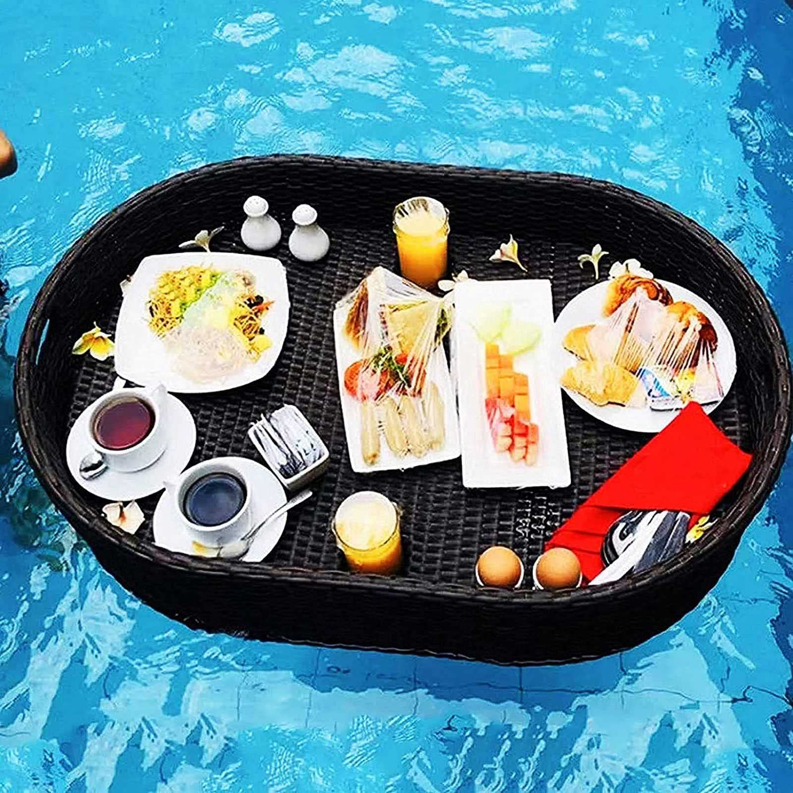 Vassoio Galleggiante per Piscina, Vassoio Ovale in Rattan Intrecciato, Vassoio Galleggiante per la Colazione con Manici, galleggianti per Piscina per Adulti, per banchi di Sabbia, Spa, bagni e Feste,