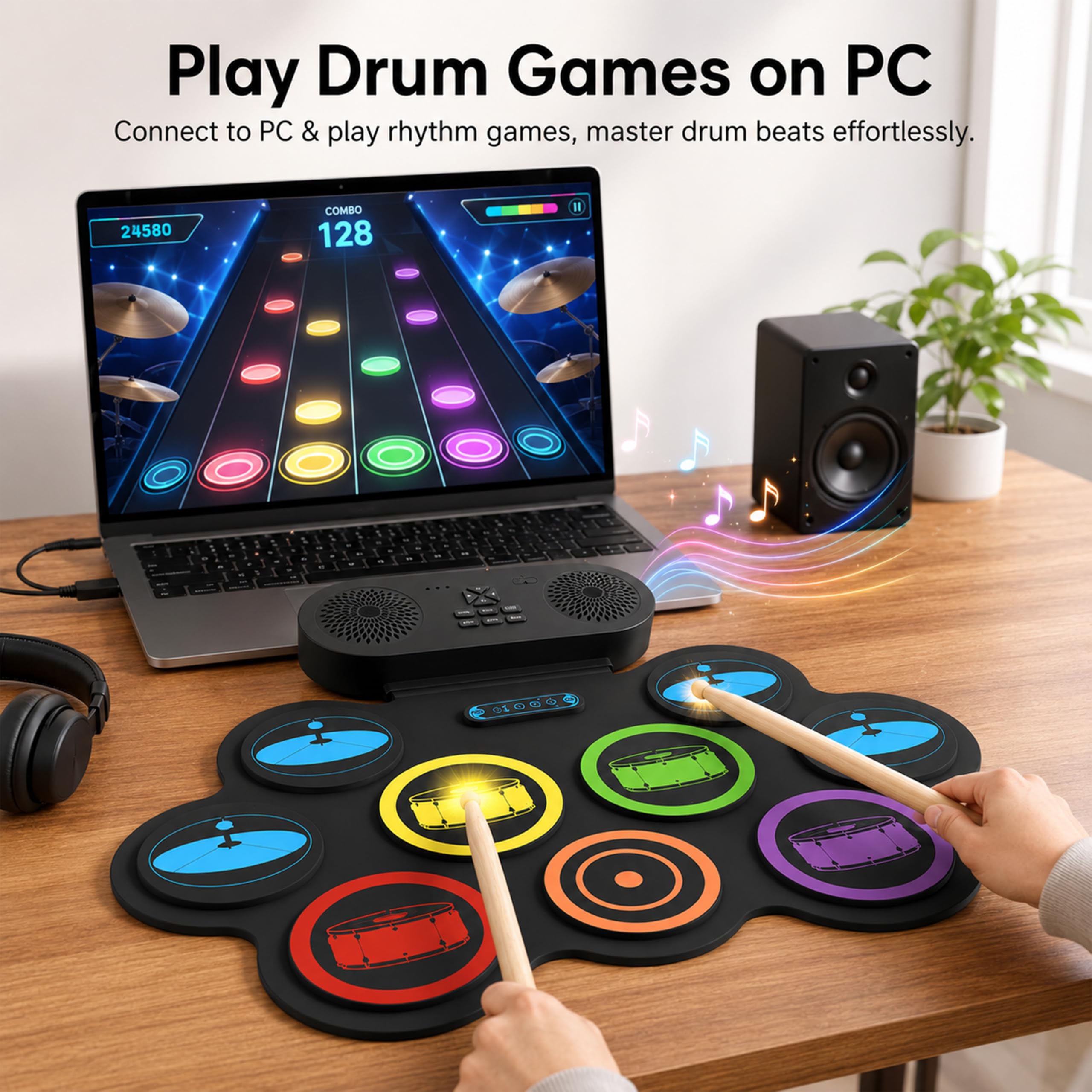 Batería Electrónica Portátil Enrollable para Niños y Adultos, 9 Almohadillas Silenciosas con Altavoz Bluetooth, Batería Musical para Principiantes, Kit Completo con Pedales y Baquetas