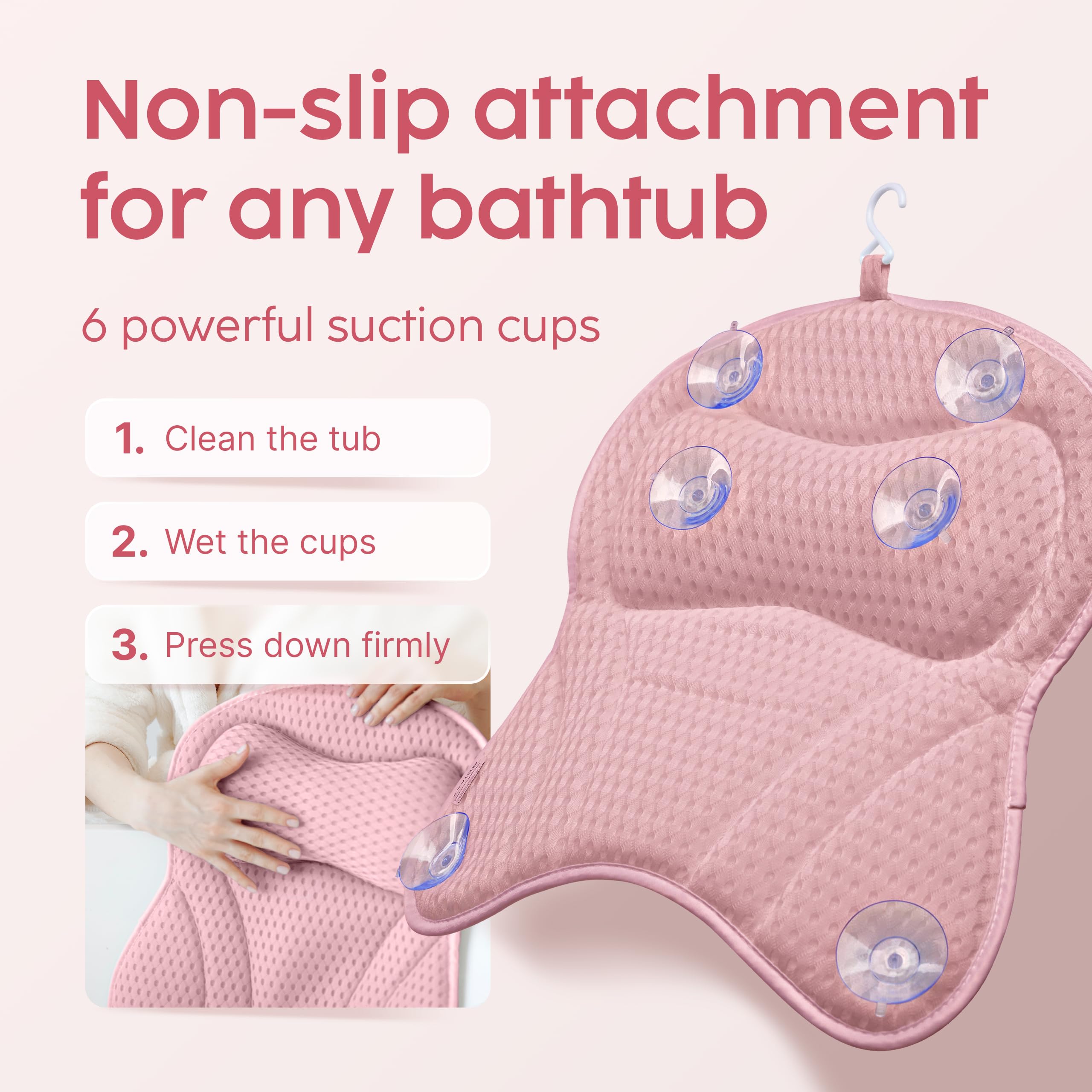 Vesta+ Cojín para bañera XXL rosa con 6 ventosas, 8 cm de reposacabezas