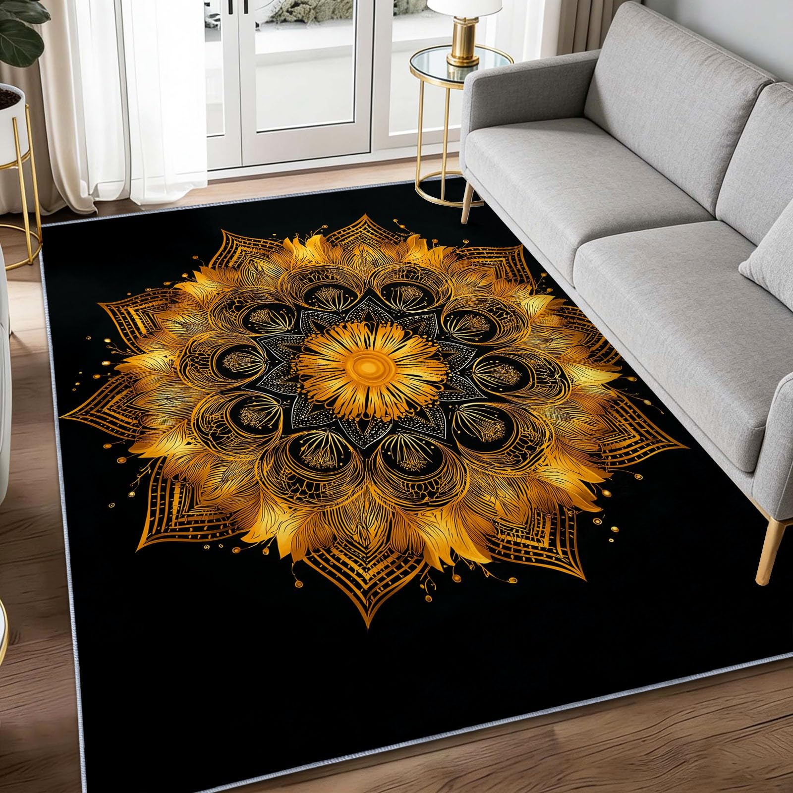 Alfombra bohemia de pelo bajo antideslizante y geométrica para sala de estar