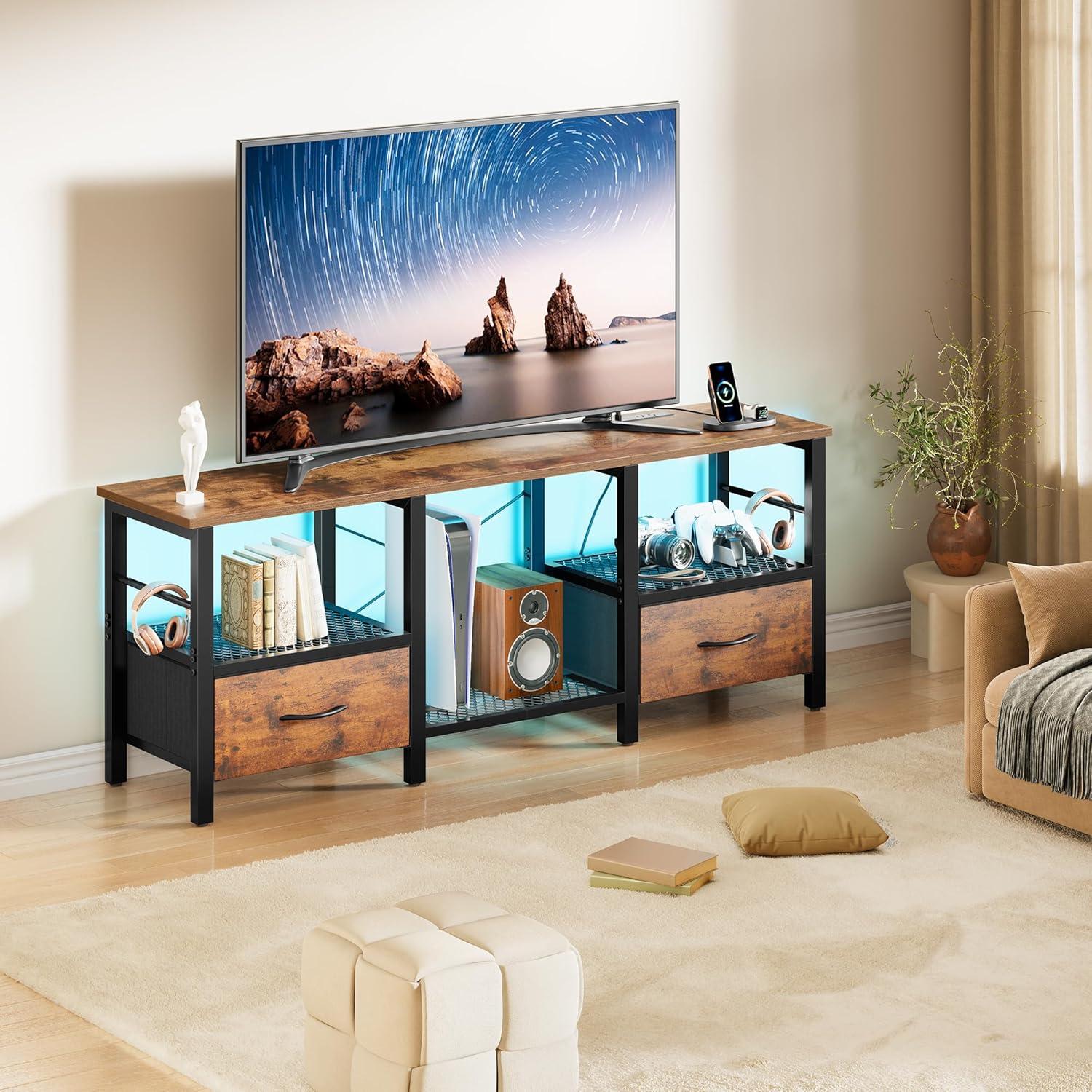 TV Stand for 55 Inch TV, LED Entertainment Center with Fabric Drawers and Power Outlets, Modern Industrial TV Media Console for Living Room, Bedroom Storage Cabinet - 47.2'' Rustic Brown