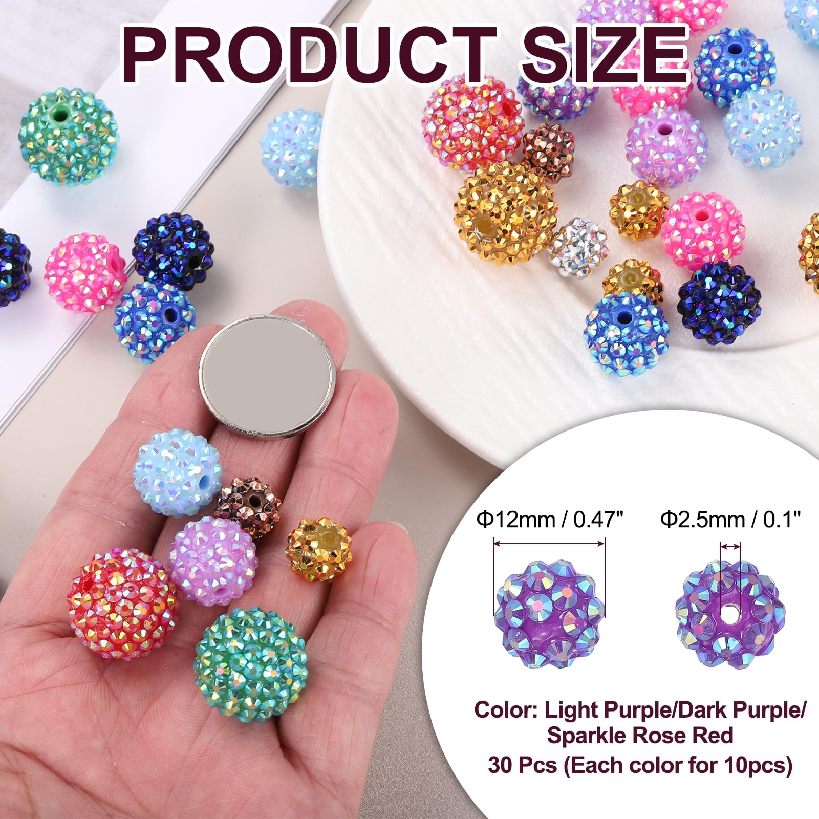 PATIKIL 12mm Resin Rhinestone Beads for Beadable Pen 30 Pack Ball Disco Sparkly Chunk Round Bubblegum Beads for Beadable Keychain Jewelry Making Light Purple/Dark Purple/Sparkle Rose Red - Image 2