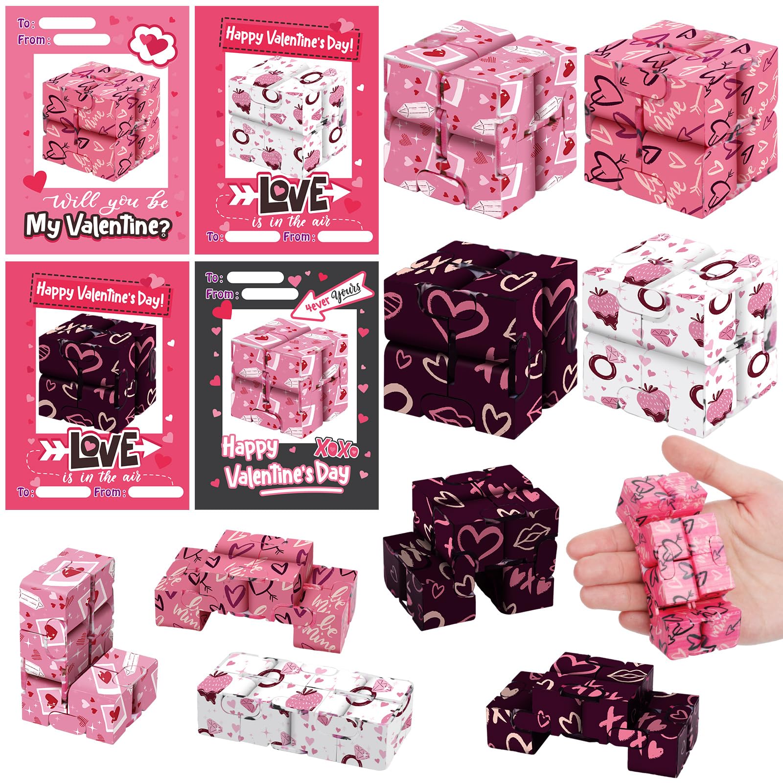 Silipull 24 Packs Valentines Day Infinity Cube with Valentines Day Cards and Bags Puzzle Flip Cubes Sensory Toys Stress Anxiety Relief Cube for Boys Girls Classroom School Party Gifts