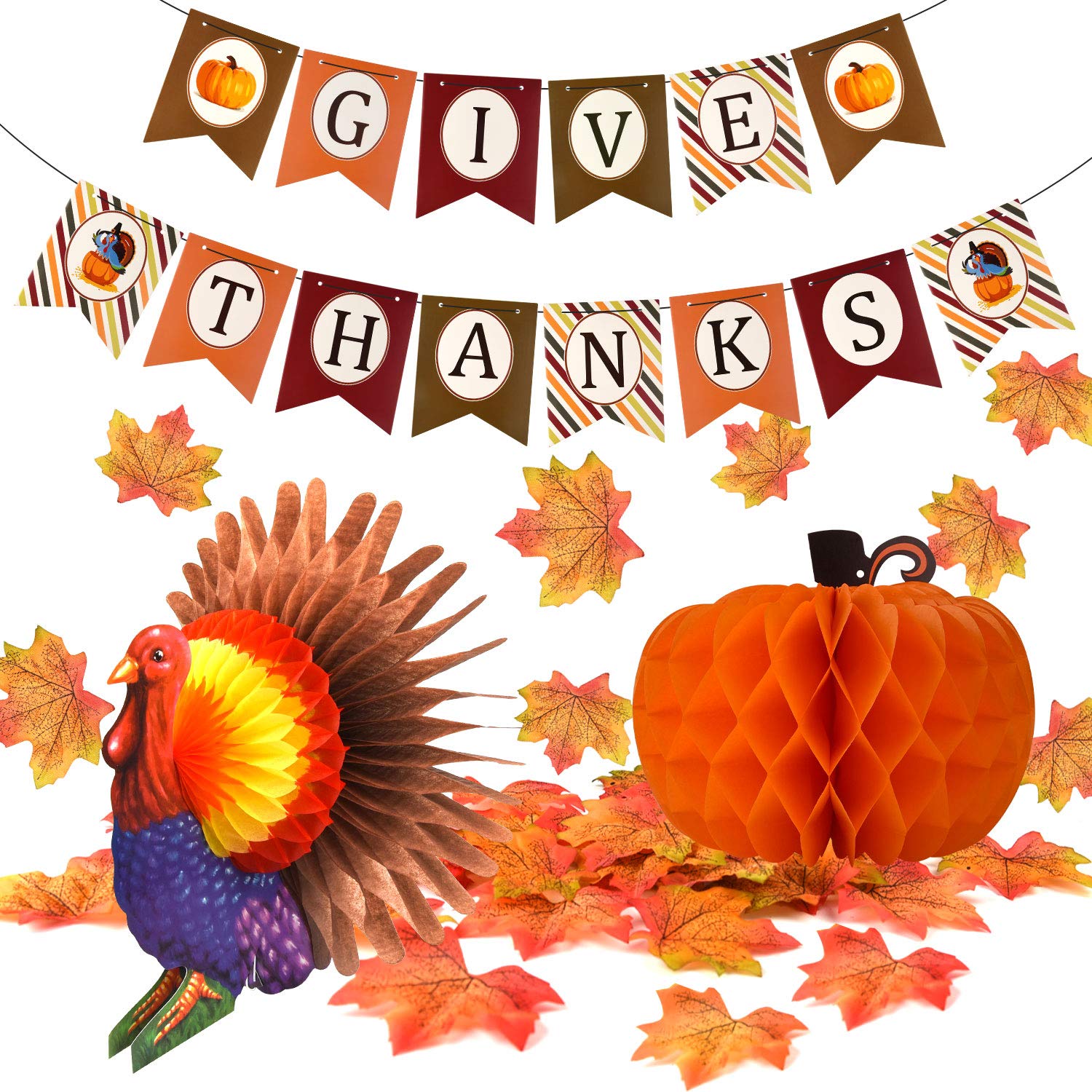 FEPITO Donner Merci Bannière avec Papier Coloré Citrouille De Dinde Artificielle Feuilles D'érable Décoration Kit Total 203 PCS
