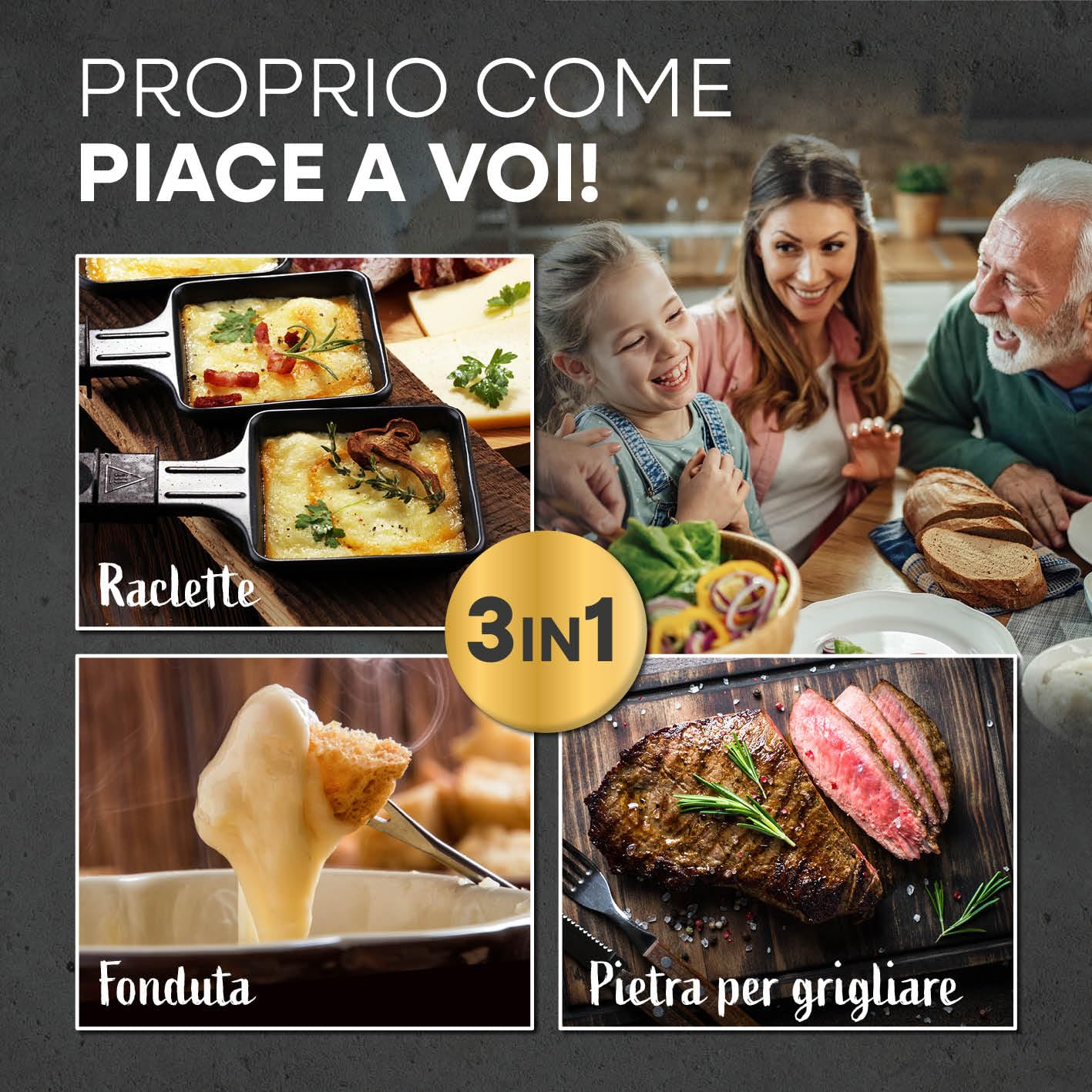 GOURMETmaxx raclette & fondue combi XXL per 12 persone | Griglia per raclette 4 in 1 con padelle, set per fonduta e pietra calda | Griglia elettrica da tavolo con piastra antiaderente [1600 watt].