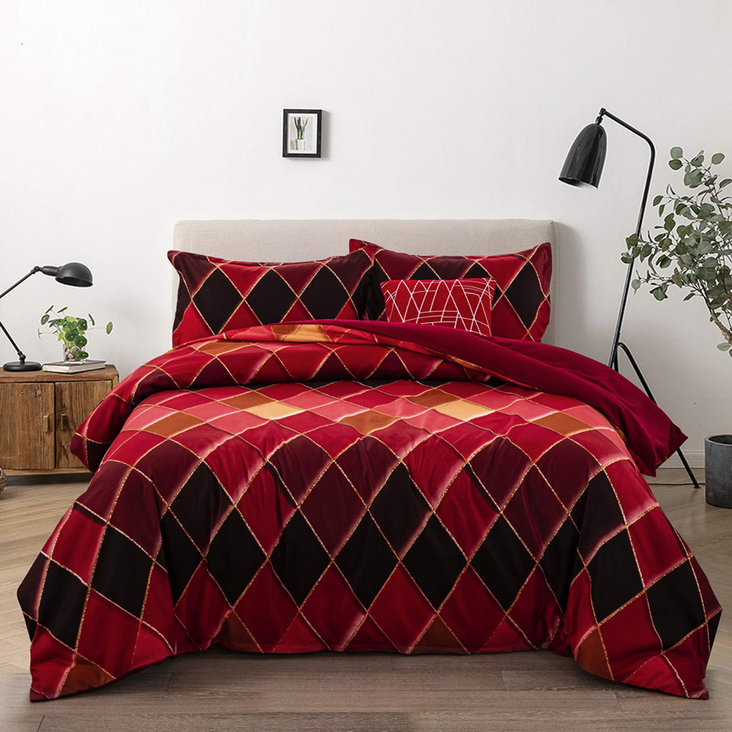 Suncloris Phnom Penh Geometry Polyester Duvet Cover Sets Black Red Gold Diamond Plaid Bedding Quilt Cover with Pillowcases for Kids Teen Adult
