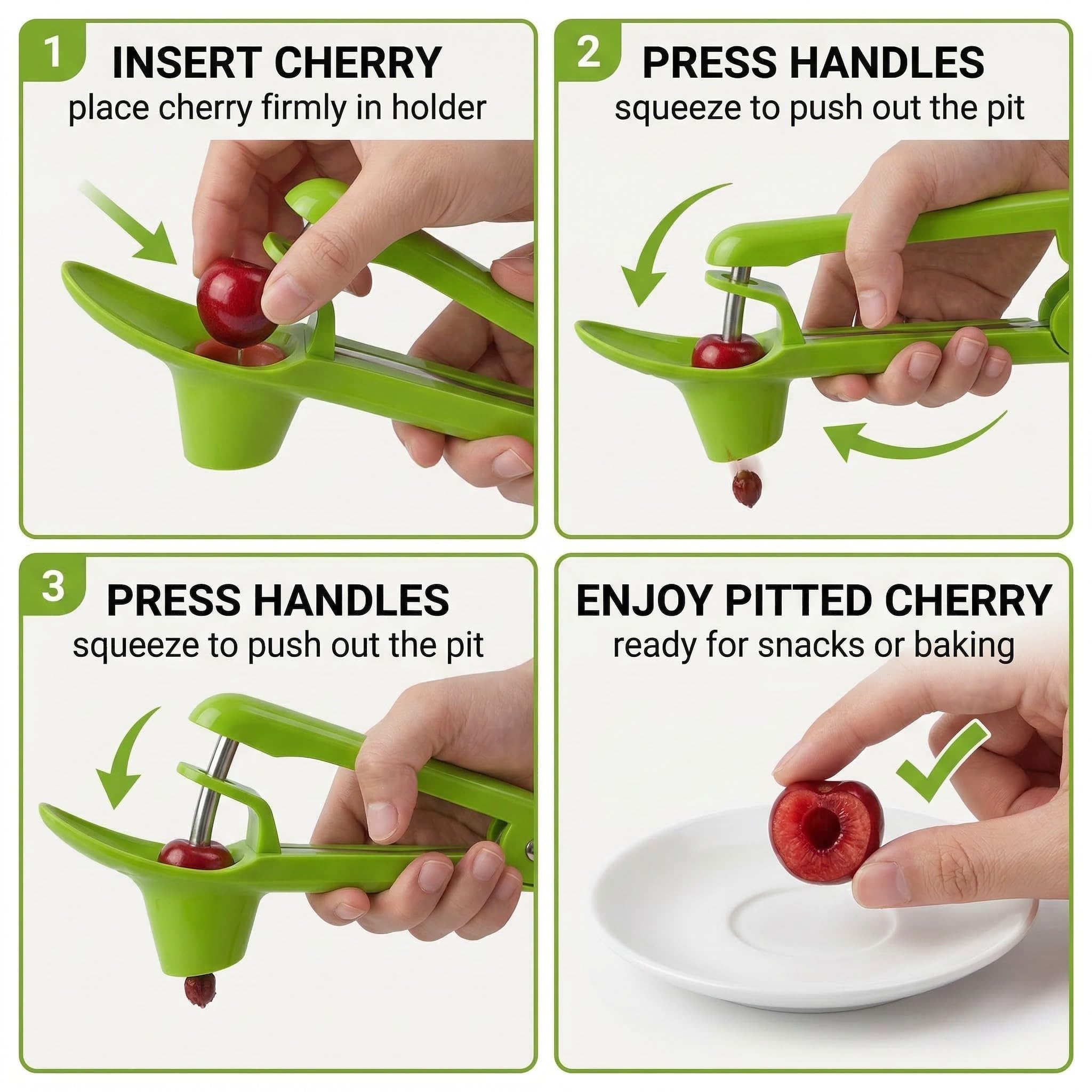 Deshuesador de cerezas de acero inoxidable, herramienta manual compacta para quitar huesos de cerezas, utensilio de cocina verde