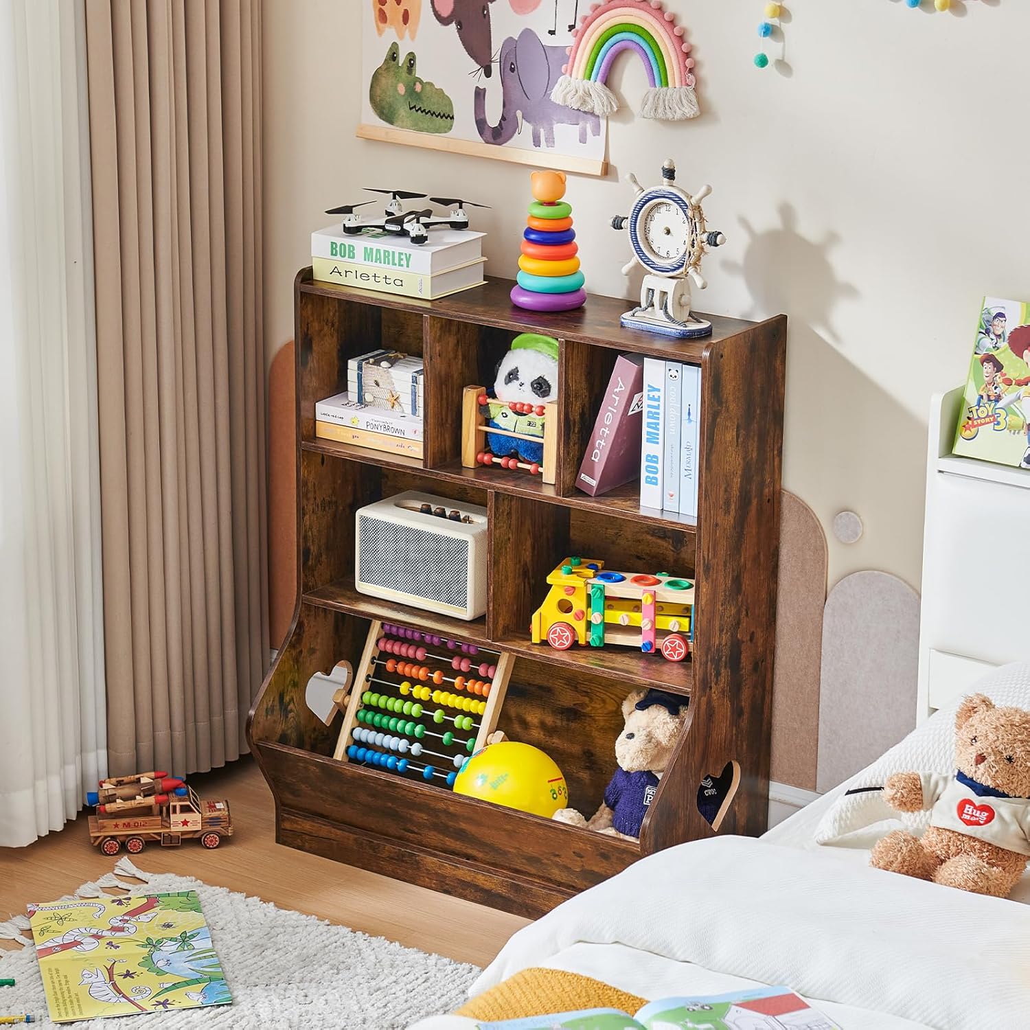 Lerliuo Kids Toy Storage Organizer, 3 Tier Children Small Bookcase and Bookshelf, Toddler 7 Cubby Toy Storage Cabinet, Toy Shelf for Playroom, Bedroom, Living Room, Nursery, School 29.53'' H (Brown)