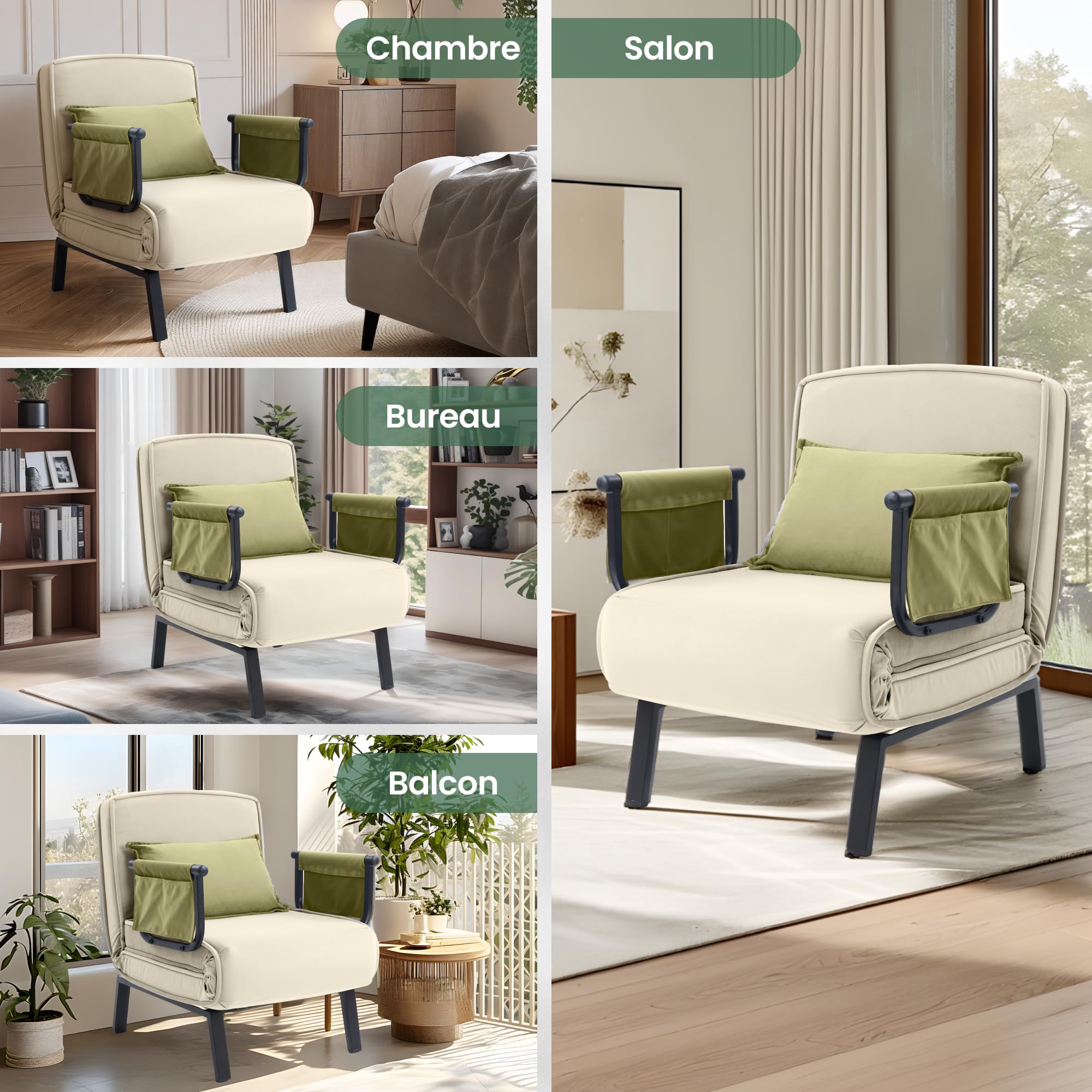 FLEXISPOT Fotel relaksacyjny, rozkładane łóżko, rozkładany fotel do spania z funkcją łóżka, leżak 3 w 1 (biały, 76 x 65 x 51 cm)