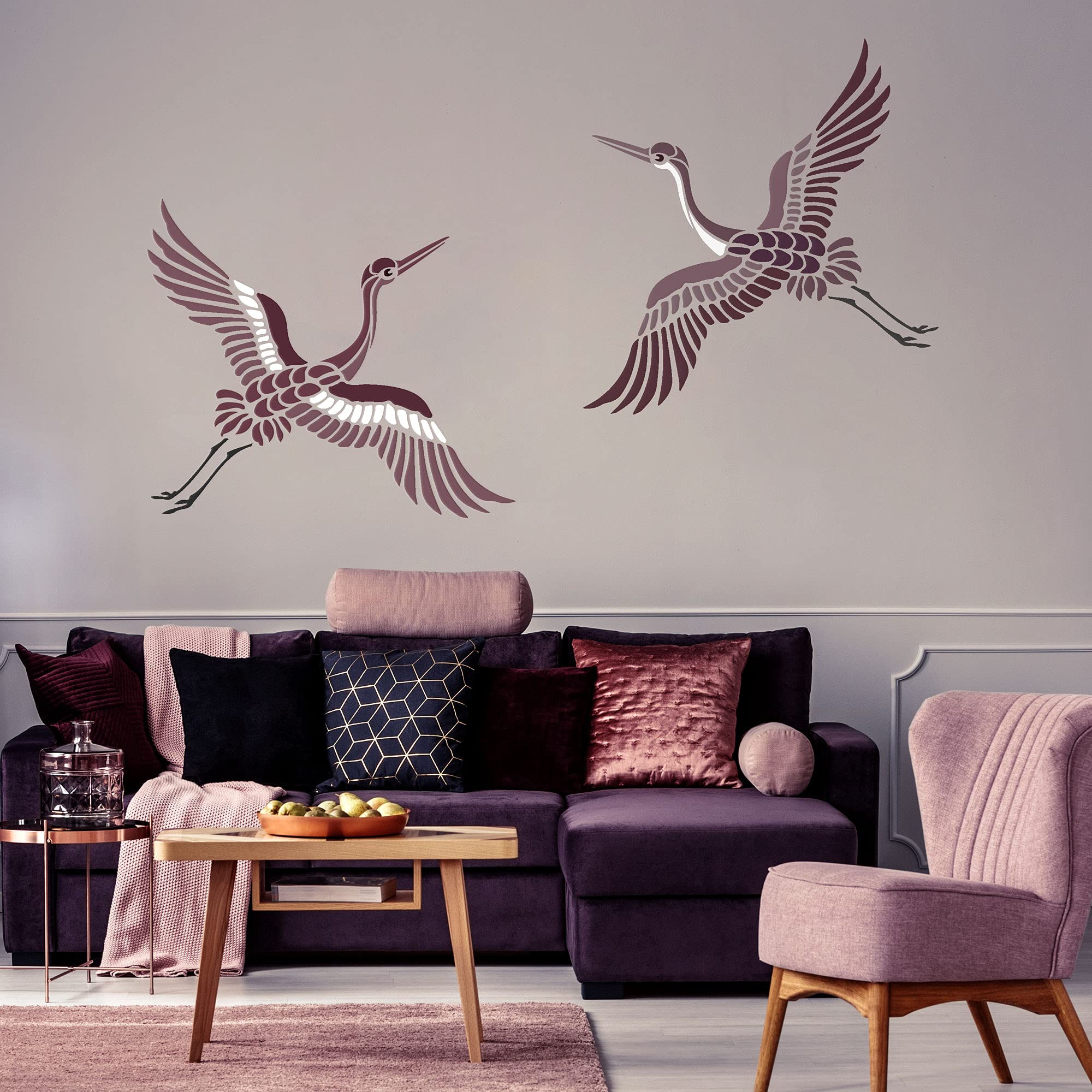 NAKLEO Pochoir pour Peinture Murale Grand Format 59x95cm, Modèle en Plastique et Réutilisable, Japonais Volant Grue Art Déco Oriental, DIY Bricolage Artisanat Décoration a Peindre, Bois Tissu Mueble