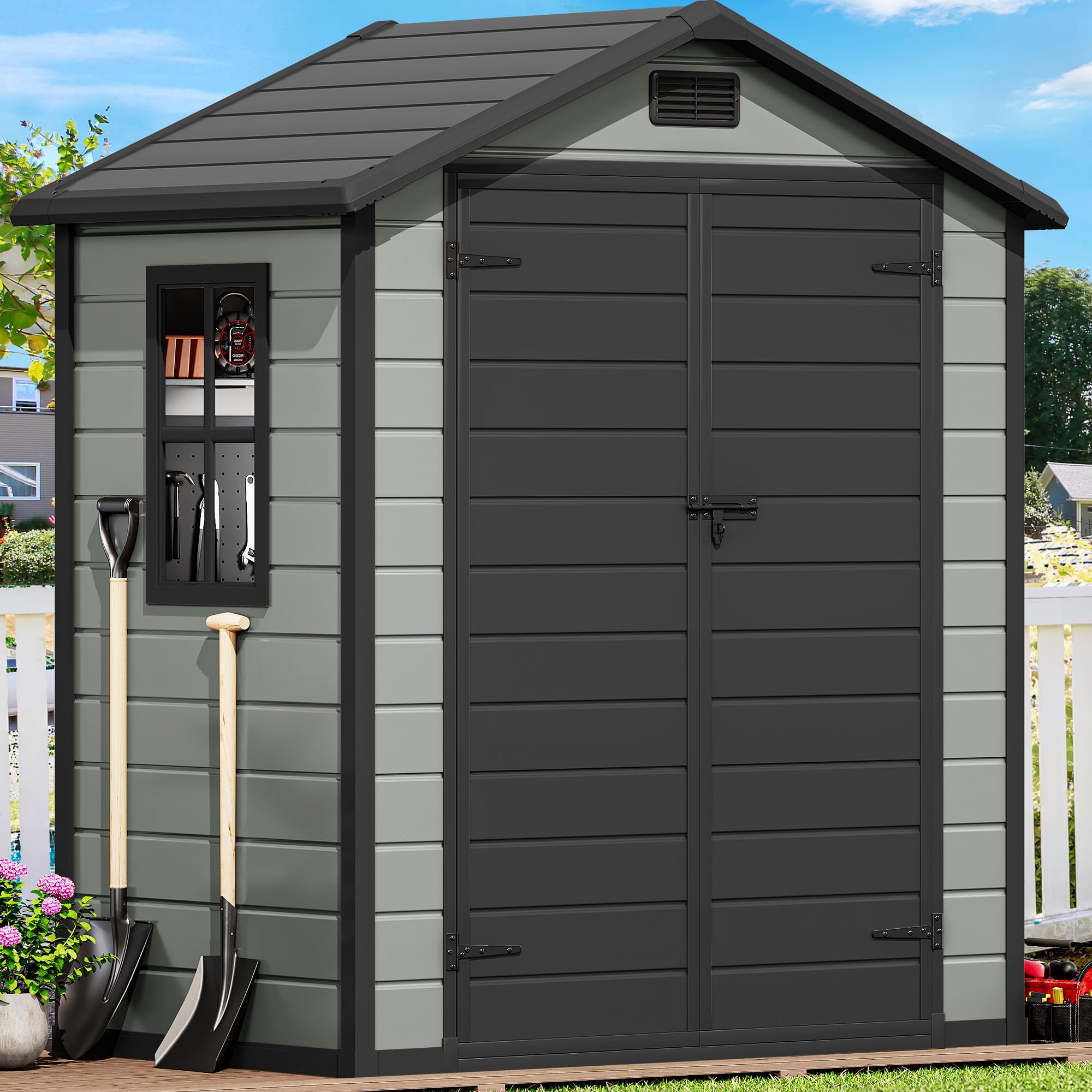 Photo 1 of DWVO 6x4 FT Outdoor Storage Shed with Reinforced Floor, Resin Storage Shed with Lockable Door, Window and Vents, Waterproof Plastic Tool Shed for Garden Patio Backyard