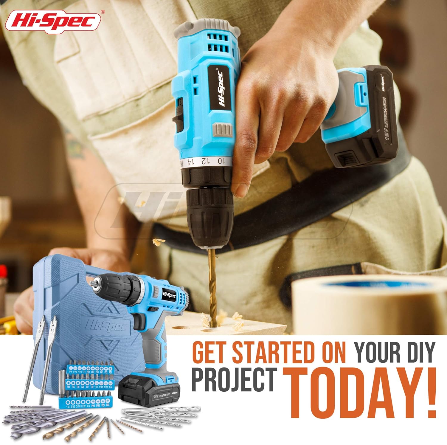 Person using Hi-Spec 12V Cordless Drill to drive a screw into wood