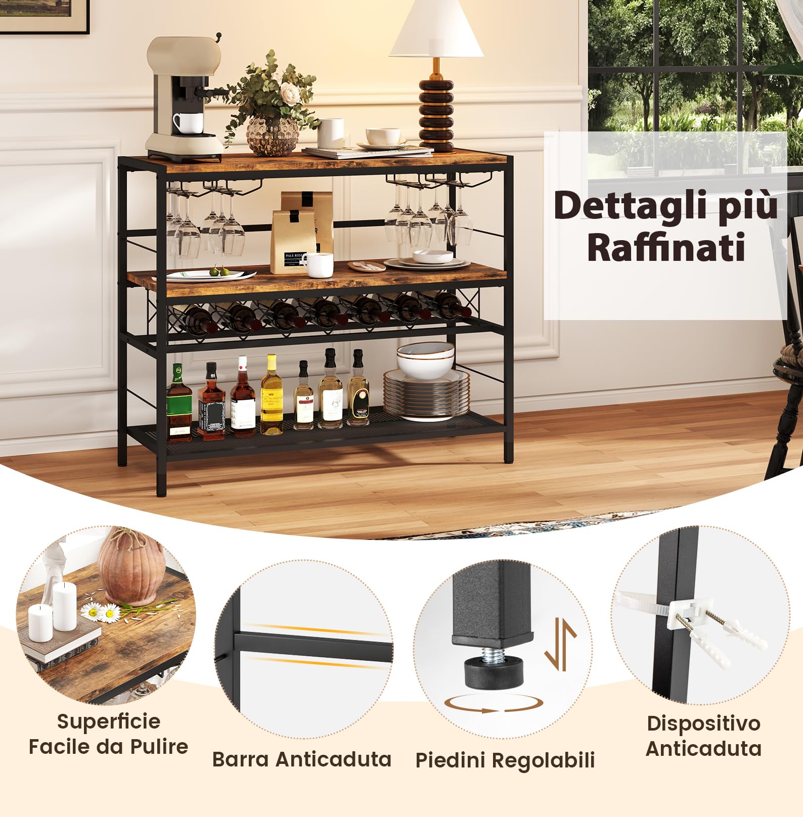 RELAX4LIFE Portabottiglie da Vino da 104 CM, Tavolo Bar per Vino con 4 Supporti per Bicchieri, Piano di Lavoro Ampio, Ripiani di Stoccaggio, Supporto per Bottiglie da Vino per Cucina, Soggiorno